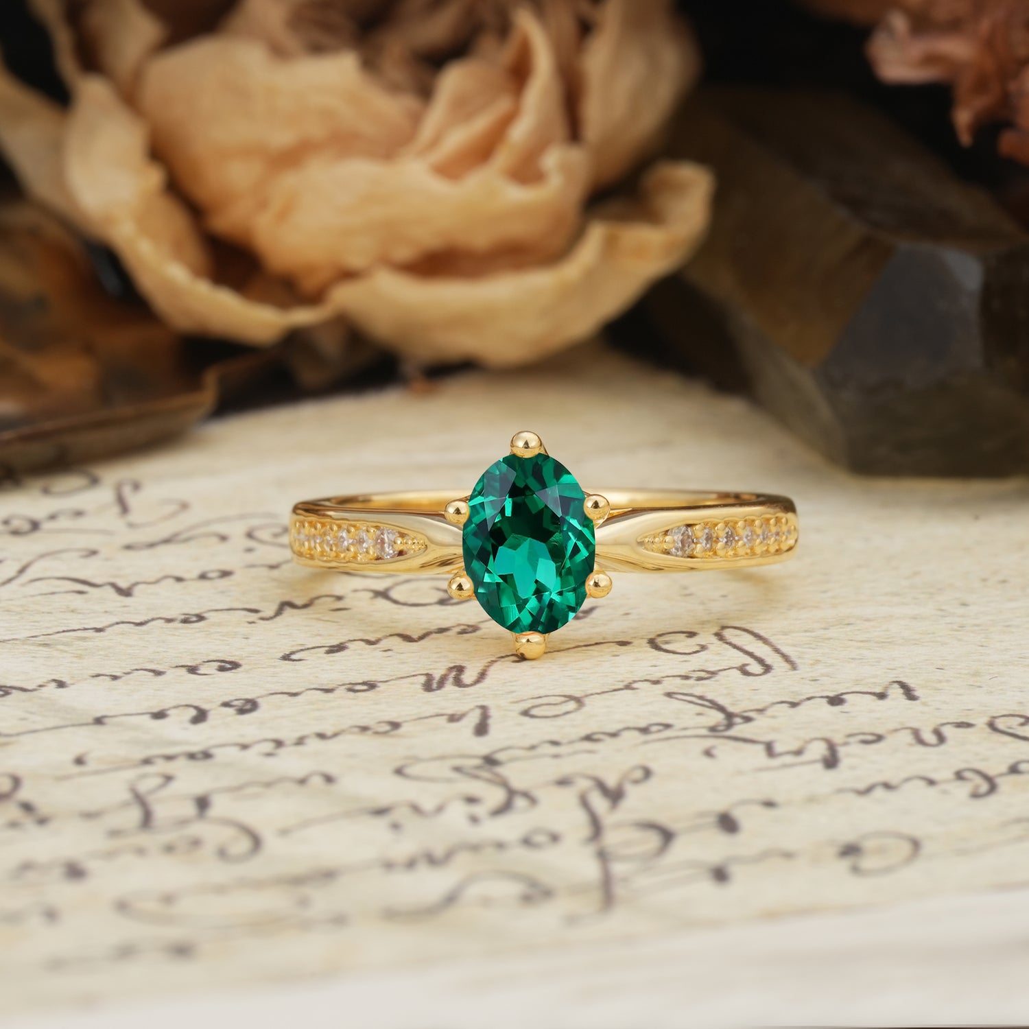 Classic Vintage 6-Prong Oval Cut Emerald Engagement Ring