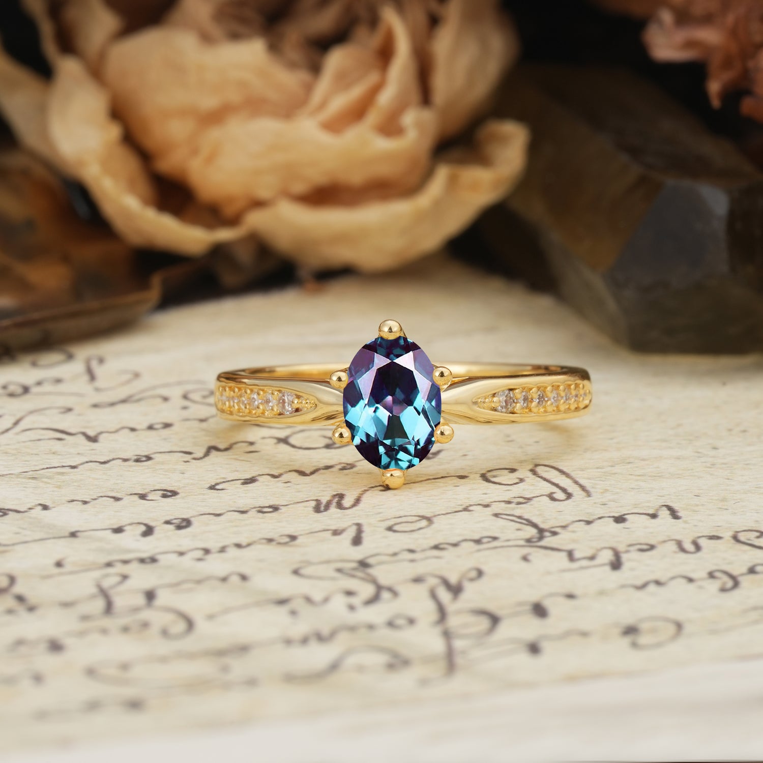 Classic Vintage 6-Prong Oval Cut Alexandrite Engagement Ring