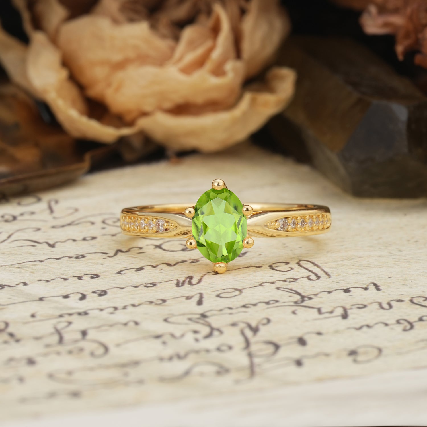 Classic Vintage 6-Prong Oval Cut Peridot Engagement Ring