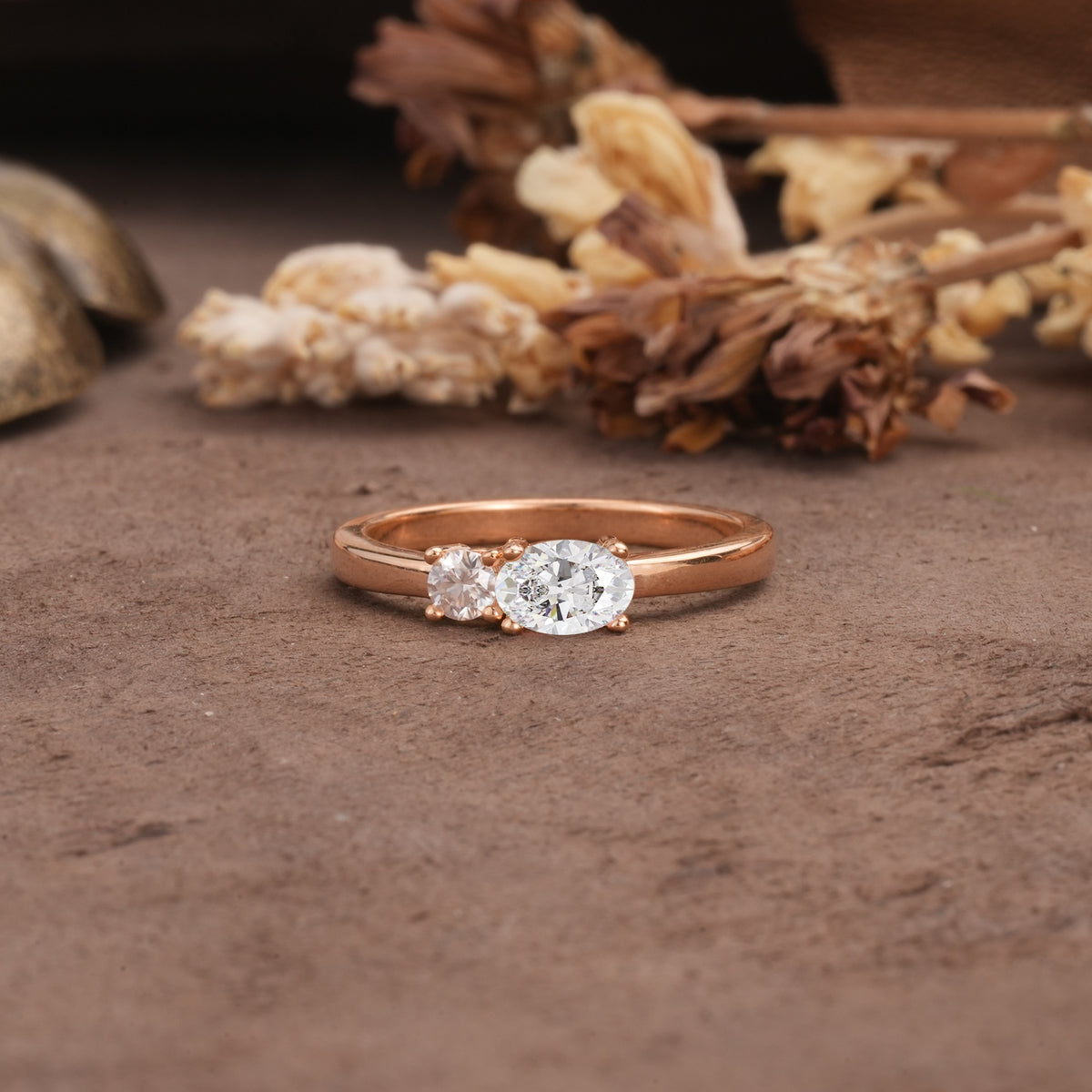 Unique, Minimalist 4-Prong Oval Cut Moissanite Two-Stone Wedding Ring - Additional view
