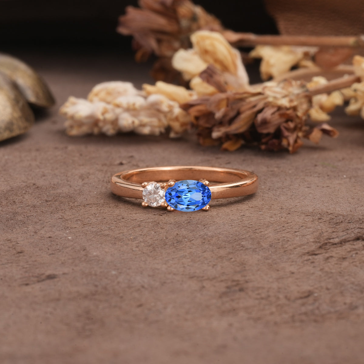 Unique, Minimalist 4-Prong Oval Cut Sapphire Two-Stone Wedding Ring - Additional view
