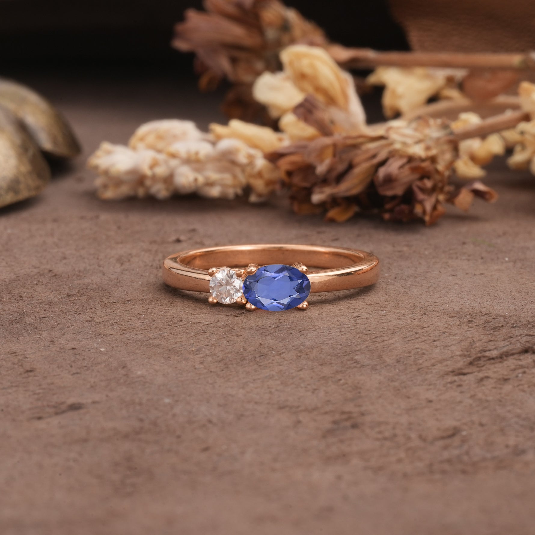 Unique, Minimalist 4-Prong Oval Cut Tanzanite Two-Stone Wedding Ring - Additional view