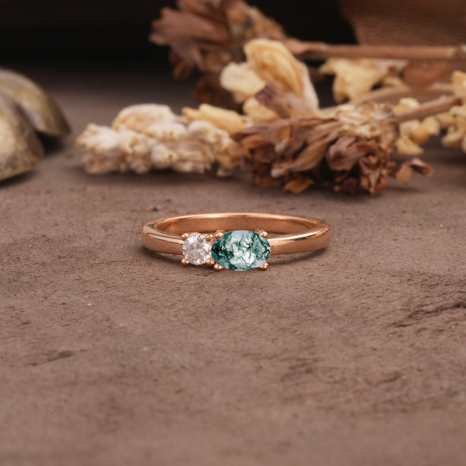 Unique, Minimalist 4-Prong Oval Cut Moss Agate Two-Stone Wedding Ring - Additional view