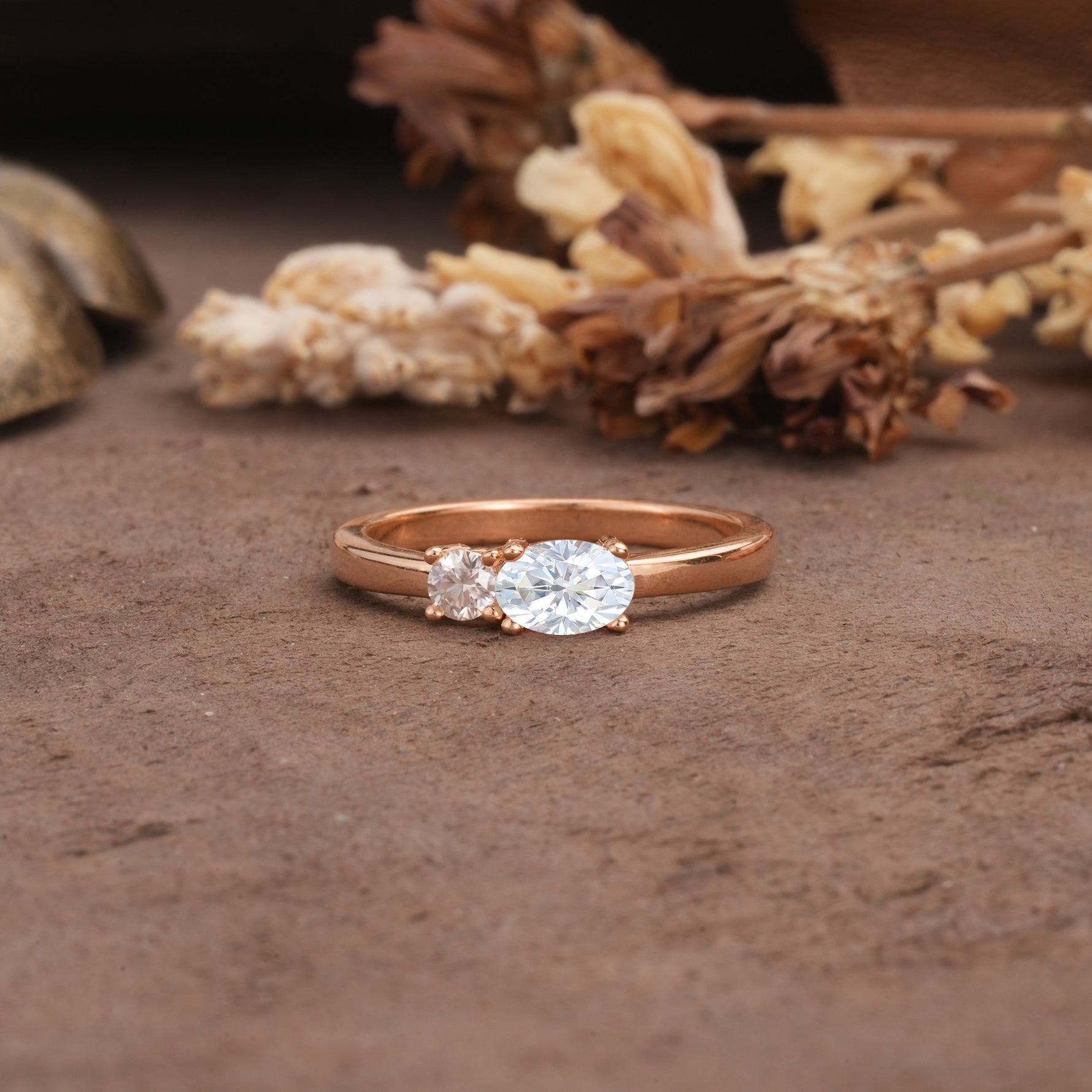Unique, Minimalist 4-Prong Oval Cut Lab Diamond Two-Stone Wedding Ring - Additional view