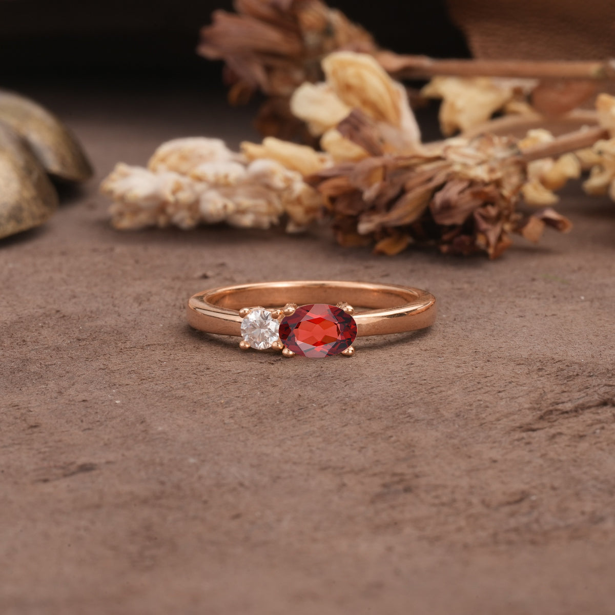 Unique, Minimalist 4-Prong Oval Cut Garnet Two-Stone Wedding Ring - Additional view
