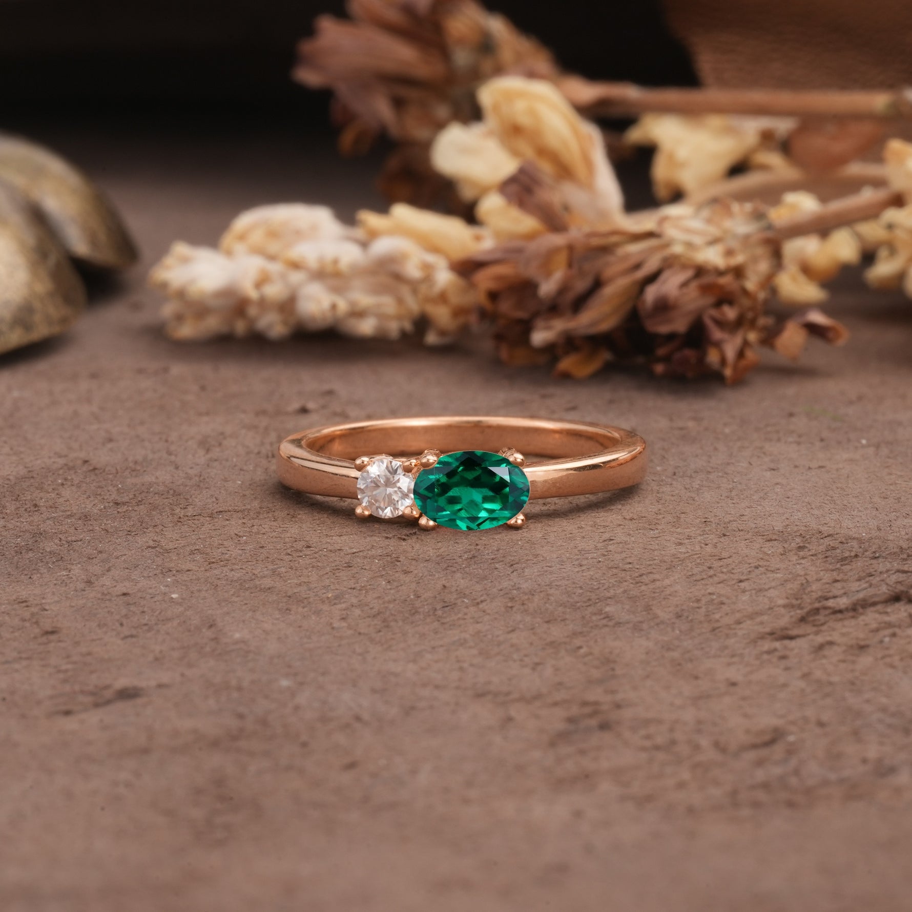 Unique, Minimalist 4-Prong Oval Cut Emerald Two-Stone Wedding Ring - Additional view