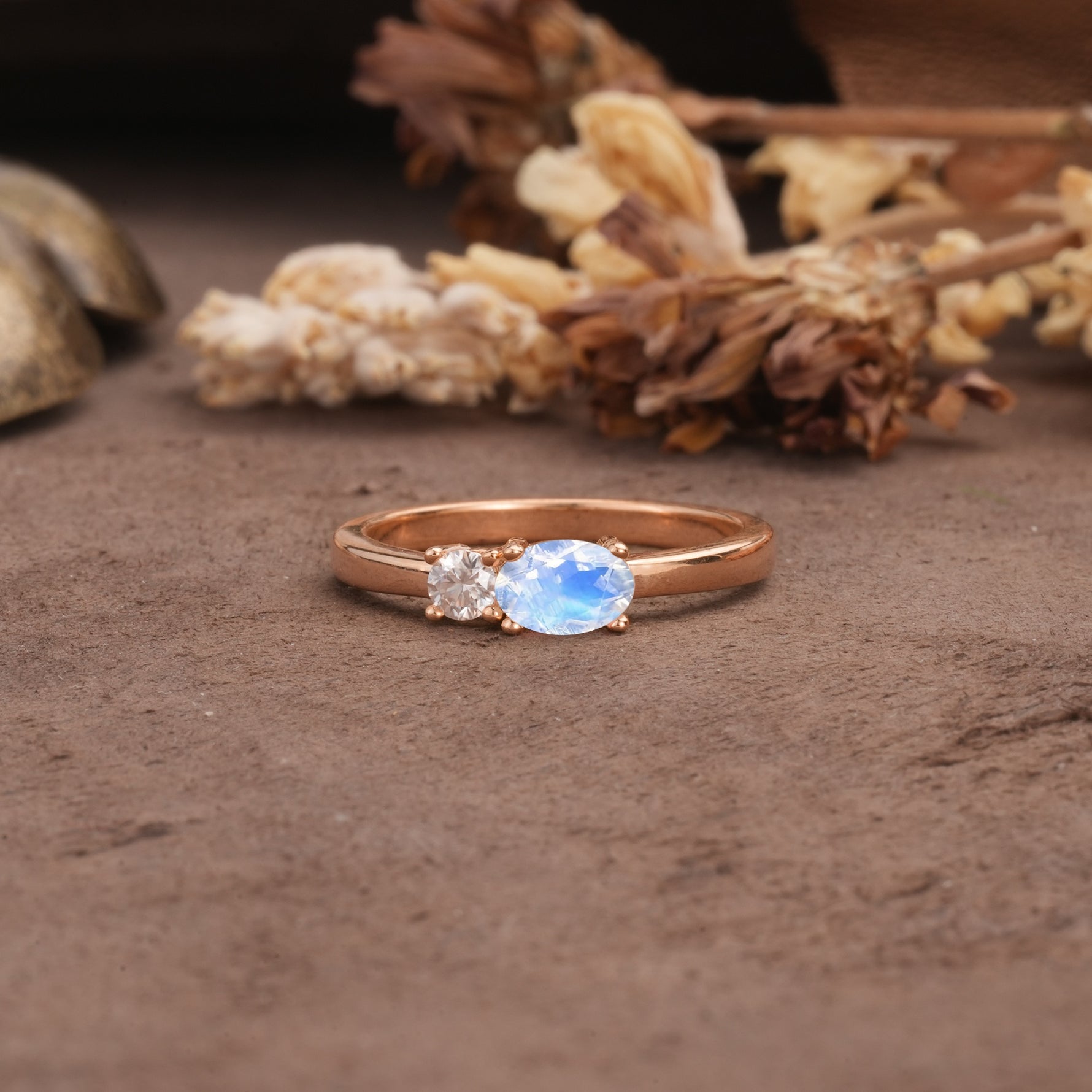 Unique, Minimalist 4-Prong Oval Cut Moonstone Two-Stone Wedding Ring - Additional view