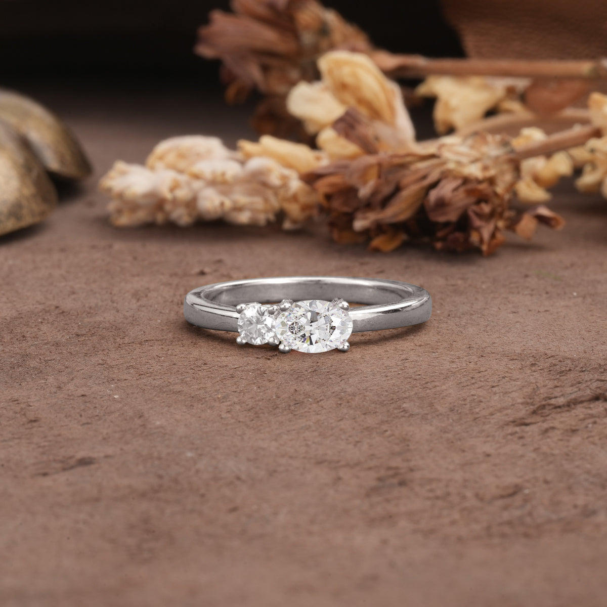 Unique, Minimalist 4-Prong Oval Cut Moissanite Two-Stone Wedding Ring - Additional view