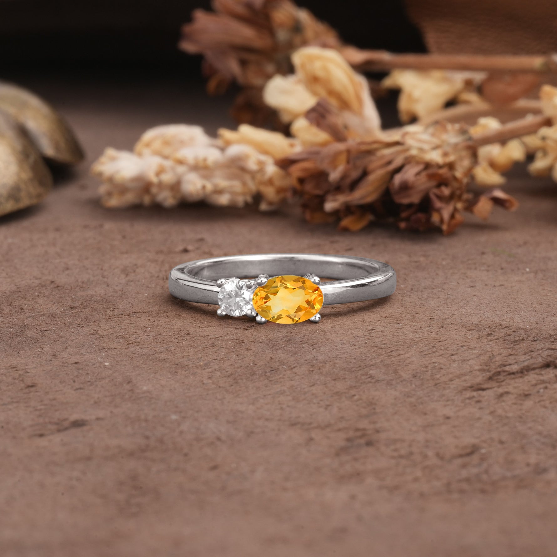 Unique, Minimalist 4-Prong Oval Cut Citrine Two-Stone Wedding Ring - Additional view