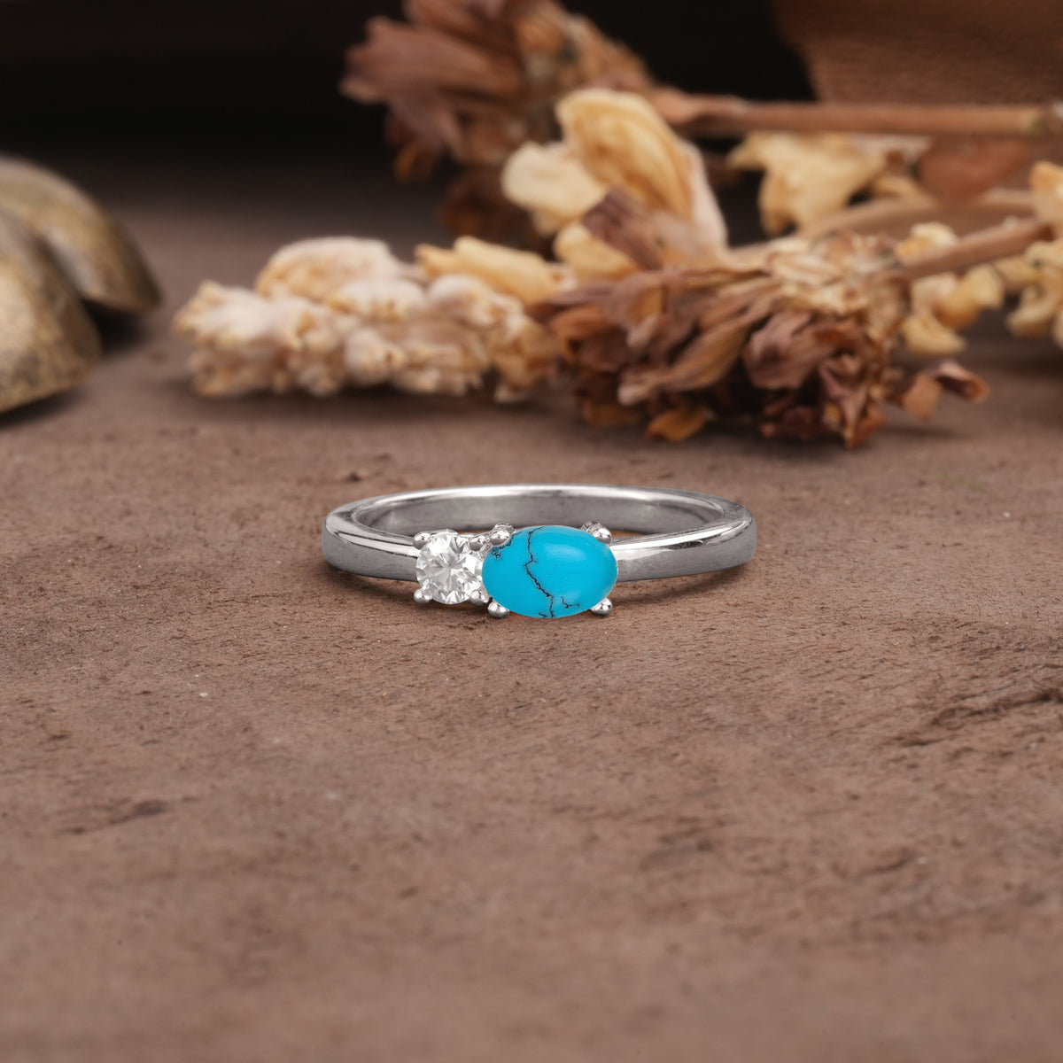 Unique, Minimalist 4-Prong Oval Cut Turquoise Two-Stone Wedding Ring - Additional view