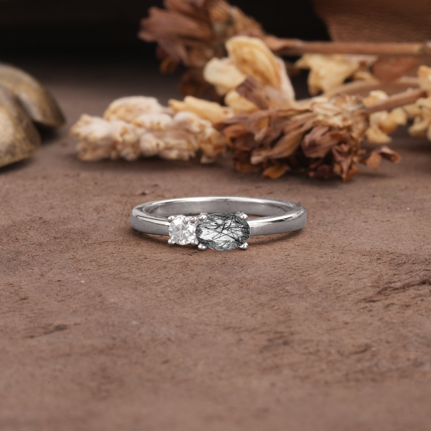 Unique, Minimalist 4-Prong Oval Cut Black Rutilated Quartz Two-Stone Wedding Ring - Additional view