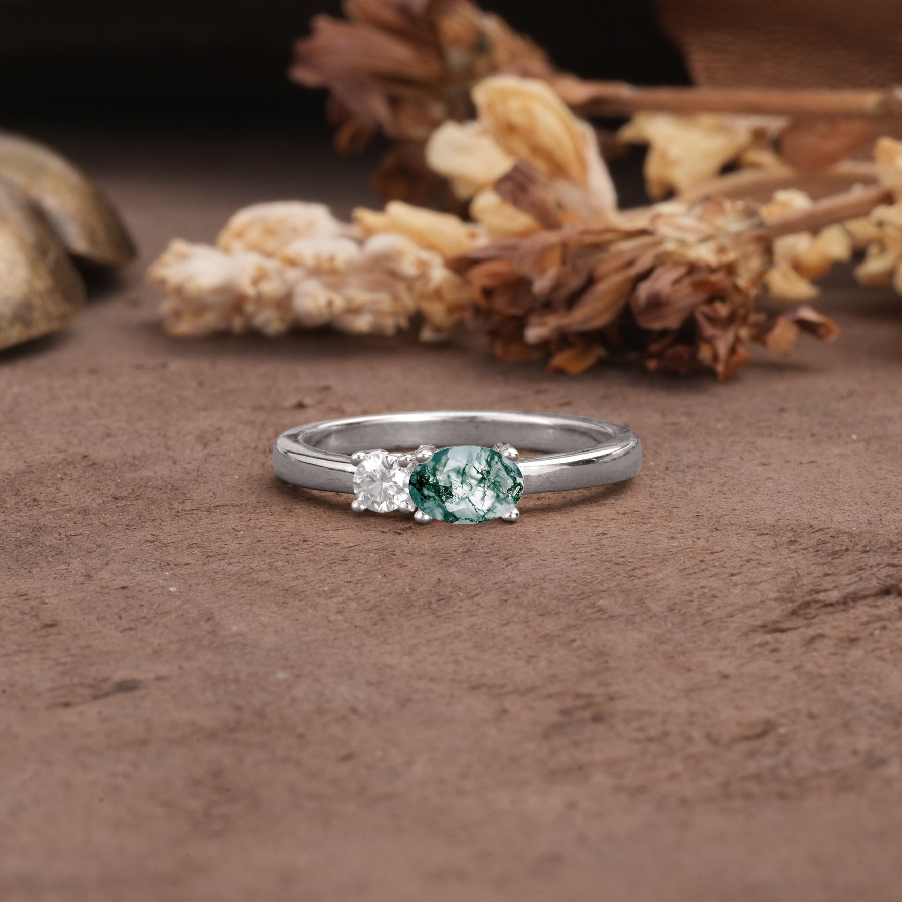 Unique, Minimalist 4-Prong Oval Cut Moss Agate Two-Stone Wedding Ring - Additional view