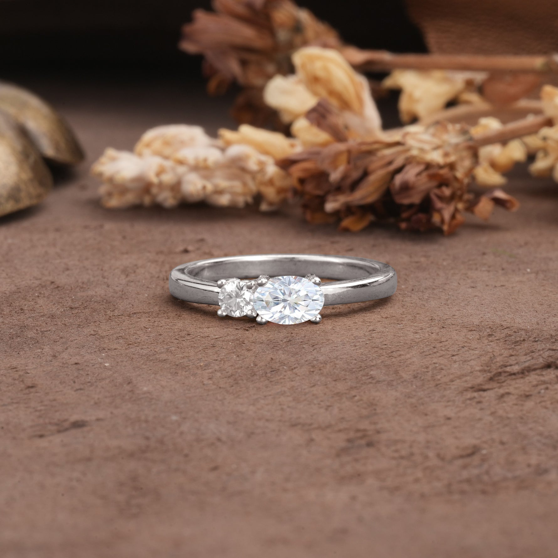 Unique, Minimalist 4-Prong Oval Cut Lab Diamond Two-Stone Wedding Ring - Additional view