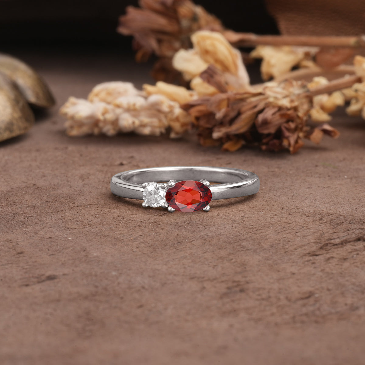 Unique, Minimalist 4-Prong Oval Cut Garnet Two-Stone Wedding Ring - Additional view
