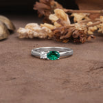 Unique, Minimalist 4-Prong Oval Cut Emerald Two-Stone Wedding Ring - Additional view