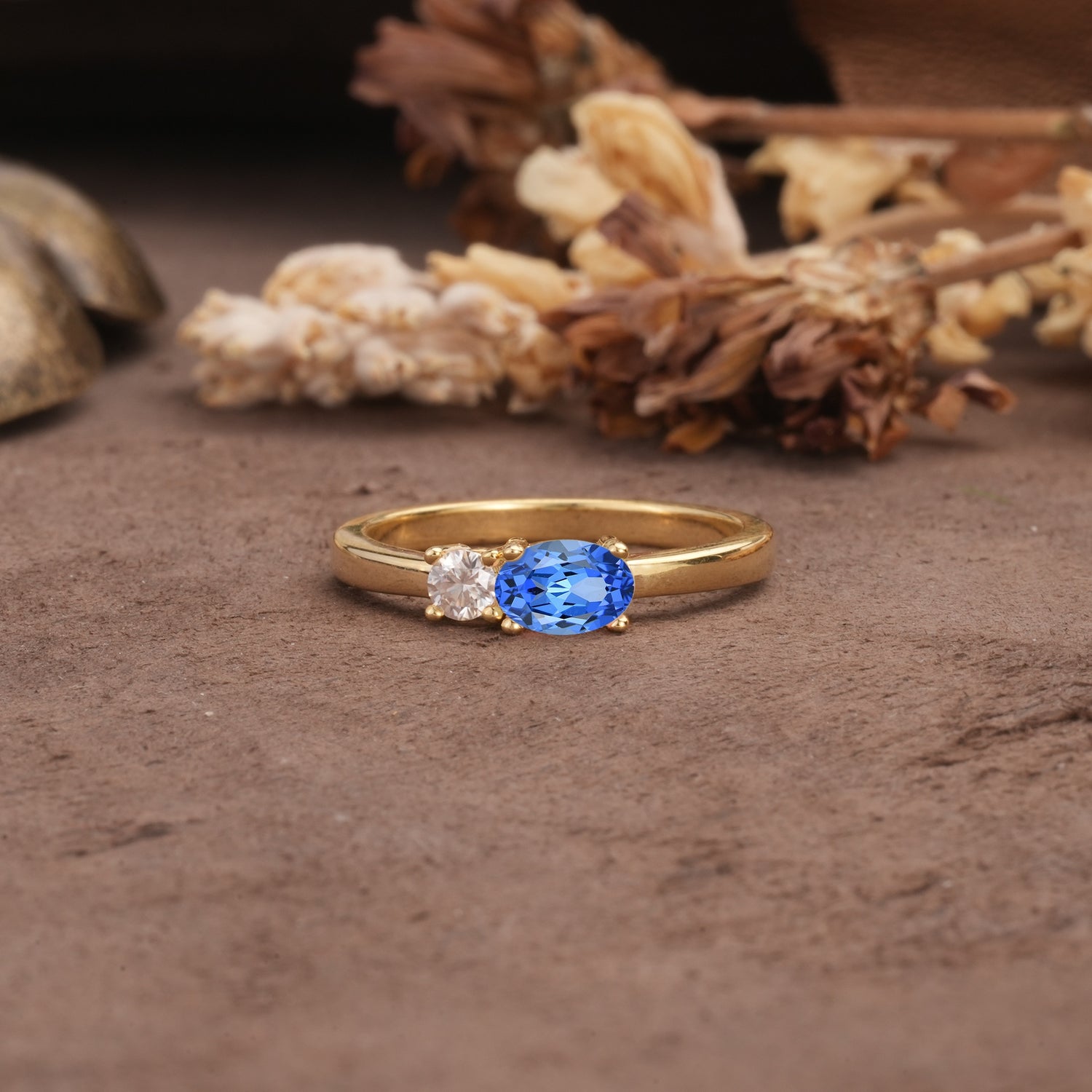 Unique, Minimalist 4-Prong Oval Cut Sapphire Two-Stone Wedding Ring - Additional view