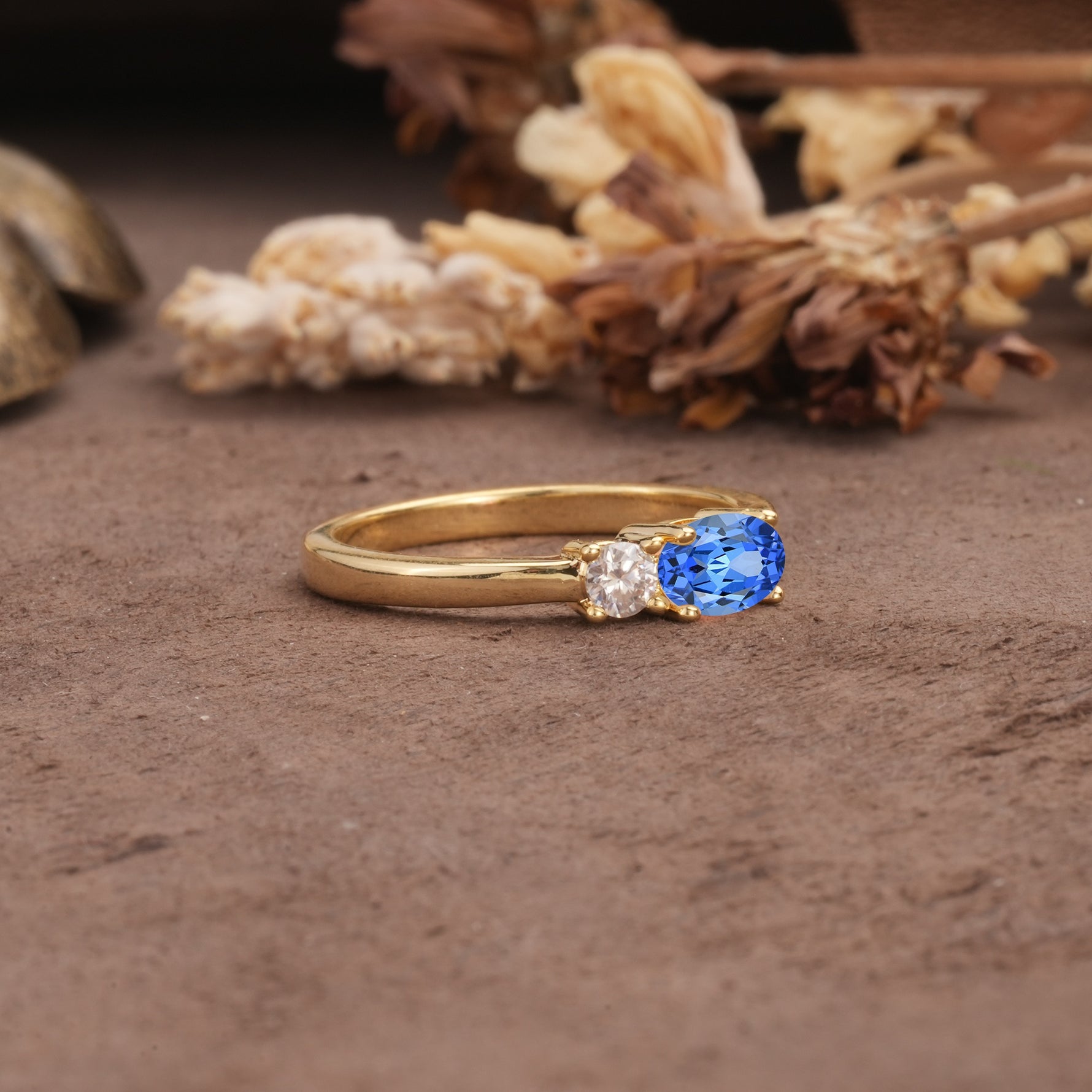 Unique, Minimalist 4-Prong Oval Cut Sapphire Two-Stone Wedding Ring - Additional view