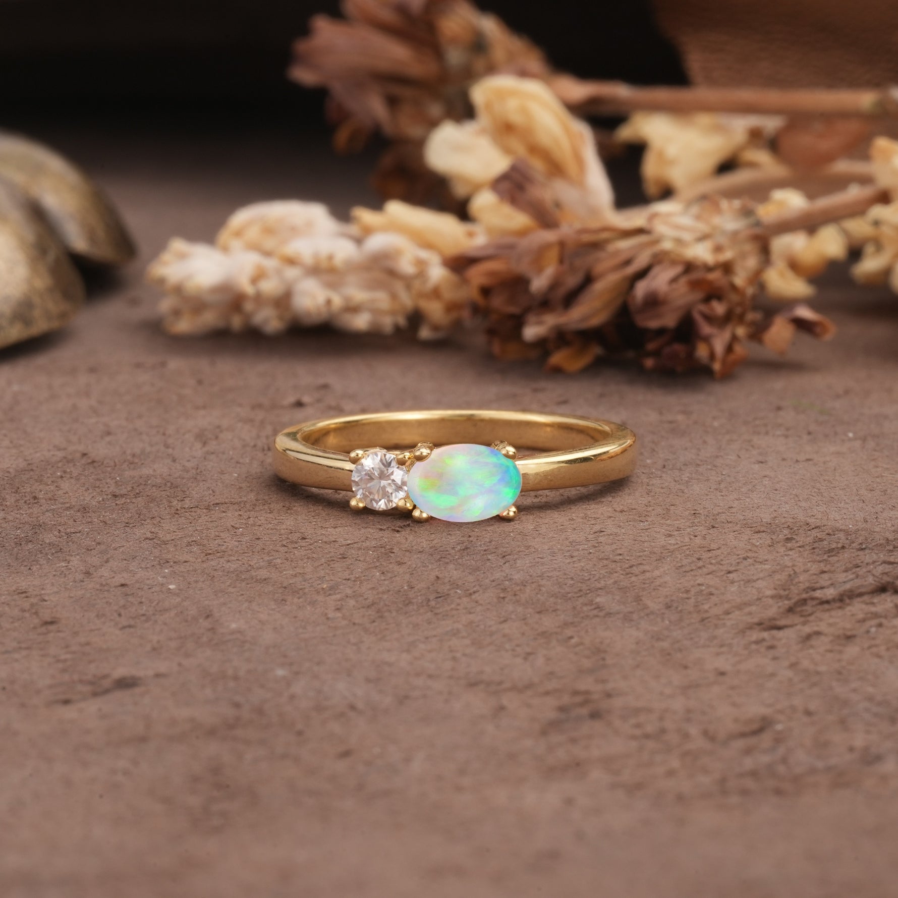 Unique, Minimalist 4-Prong Oval Cut Fire Opal Two-Stone Wedding Ring - Additional view