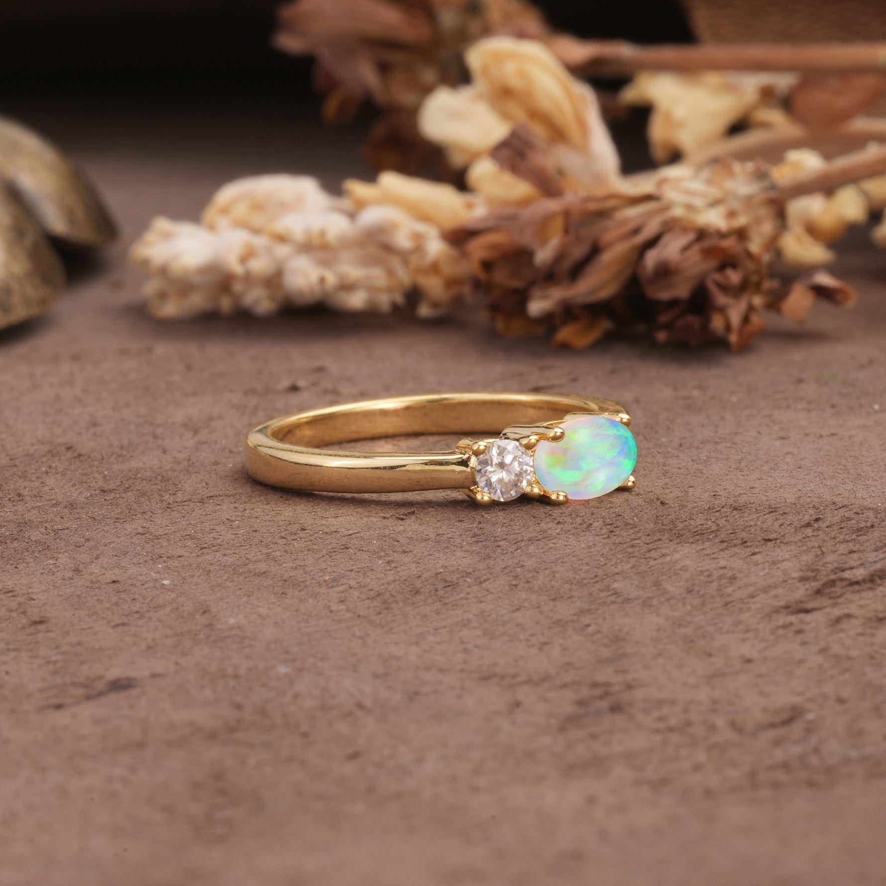 Unique, Minimalist 4-Prong Oval Cut Fire Opal Two-Stone Wedding Ring - Additional view