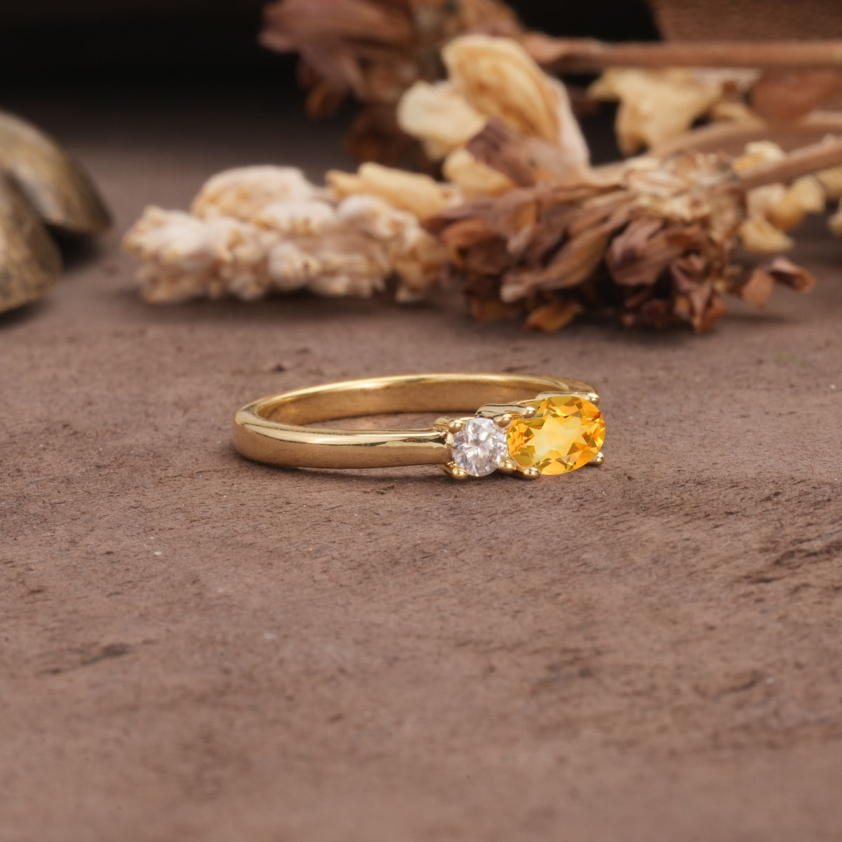 Unique, Minimalist 4-Prong Oval Cut Citrine Two-Stone Wedding Ring - Additional view