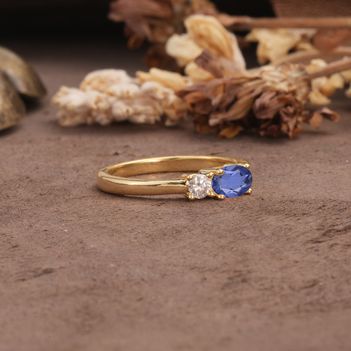 Unique, Minimalist 4-Prong Oval Cut Tanzanite Two-Stone Wedding Ring - Additional view