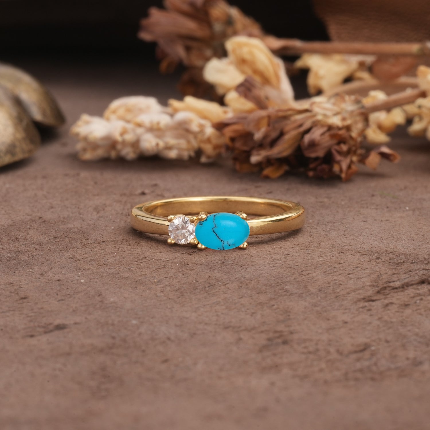 Unique, Minimalist 4-Prong Oval Cut Turquoise Two-Stone Wedding Ring - Additional view