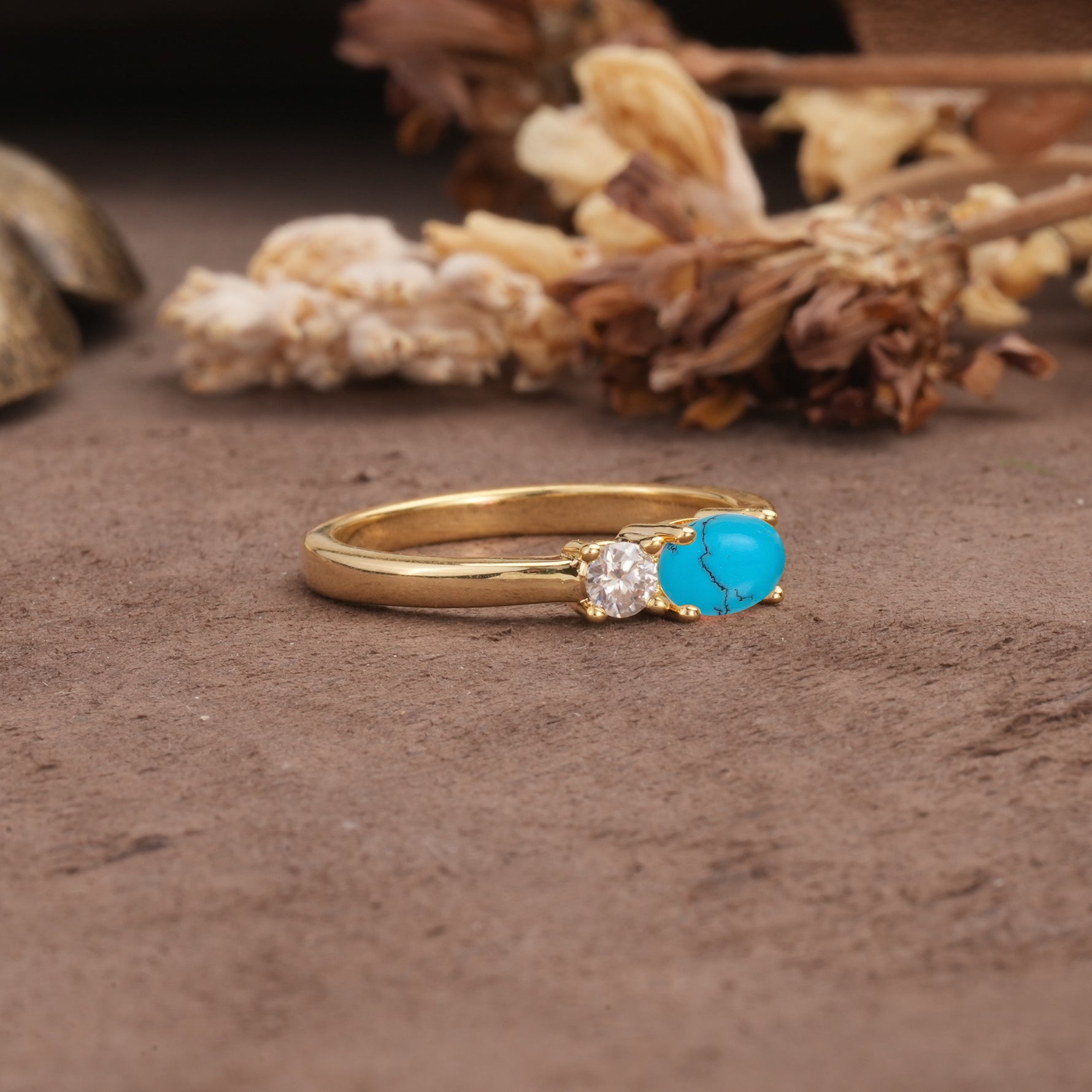 Unique, Minimalist 4-Prong Oval Cut Turquoise Two-Stone Wedding Ring - Additional view