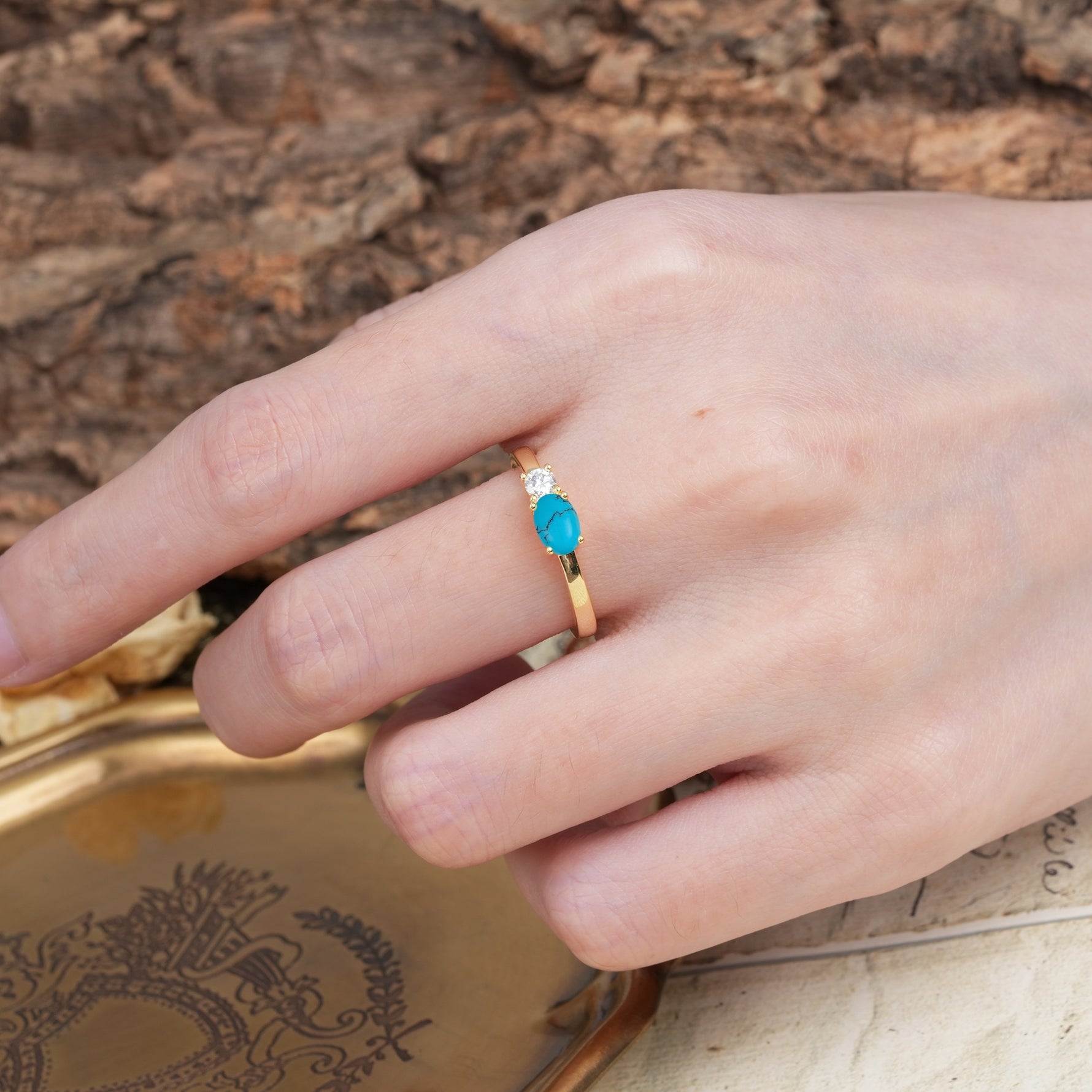 Unique, Minimalist 4-Prong Oval Cut Turquoise Two-Stone Wedding Ring - Additional view