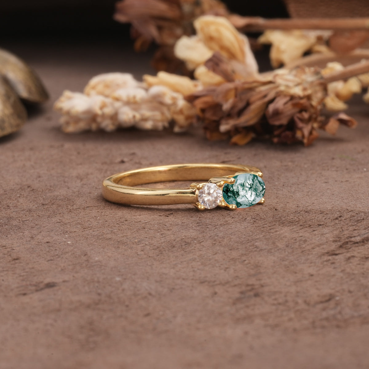 Unique, Minimalist 4-Prong Oval Cut Moss Agate Two-Stone Wedding Ring - Additional view
