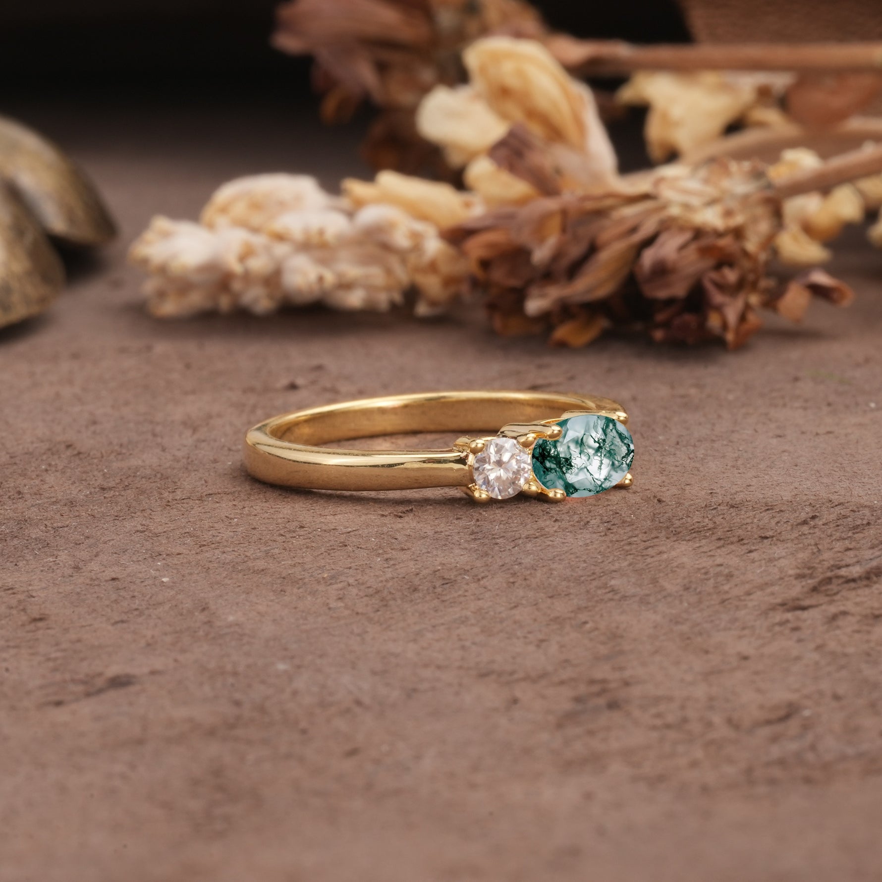 Unique, Minimalist 4-Prong Oval Cut Moss Agate Two-Stone Wedding Ring - Additional view