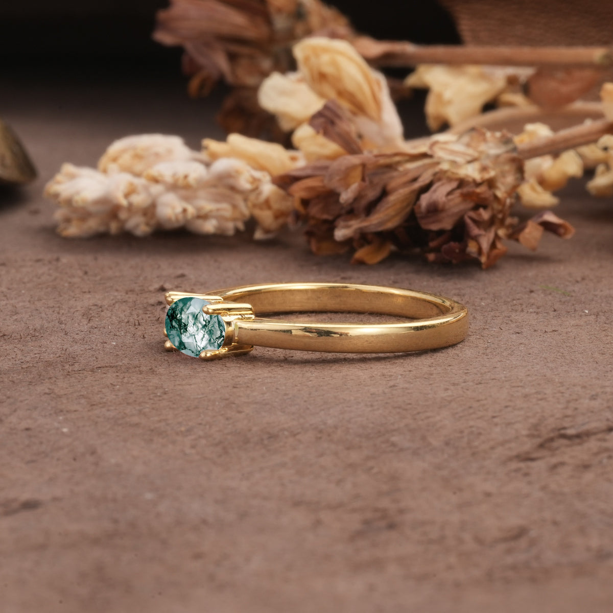 Unique, Minimalist 4-Prong Oval Cut Moss Agate Two-Stone Wedding Ring - Additional view