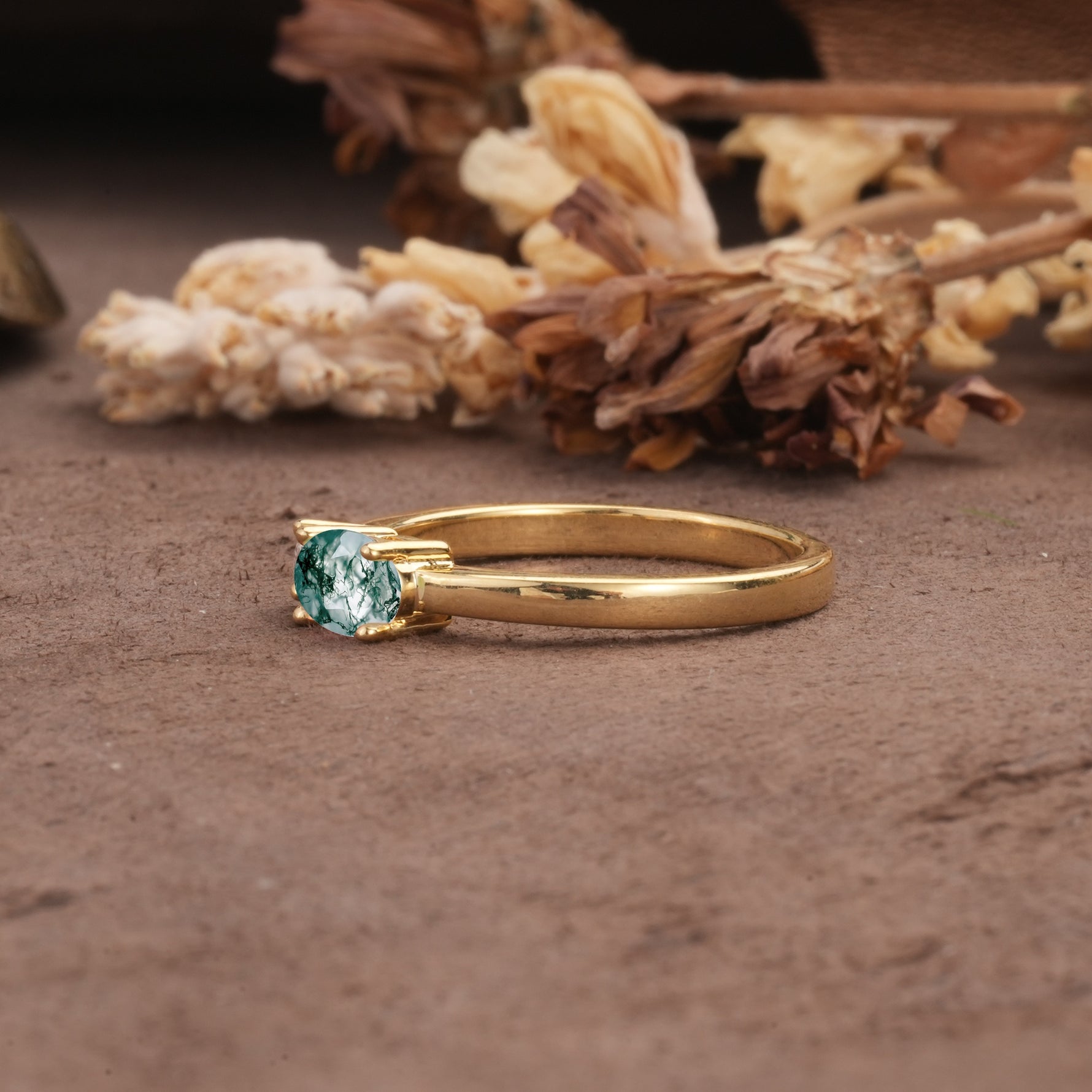 Unique, Minimalist 4-Prong Oval Cut Moss Agate Two-Stone Wedding Ring - Additional view