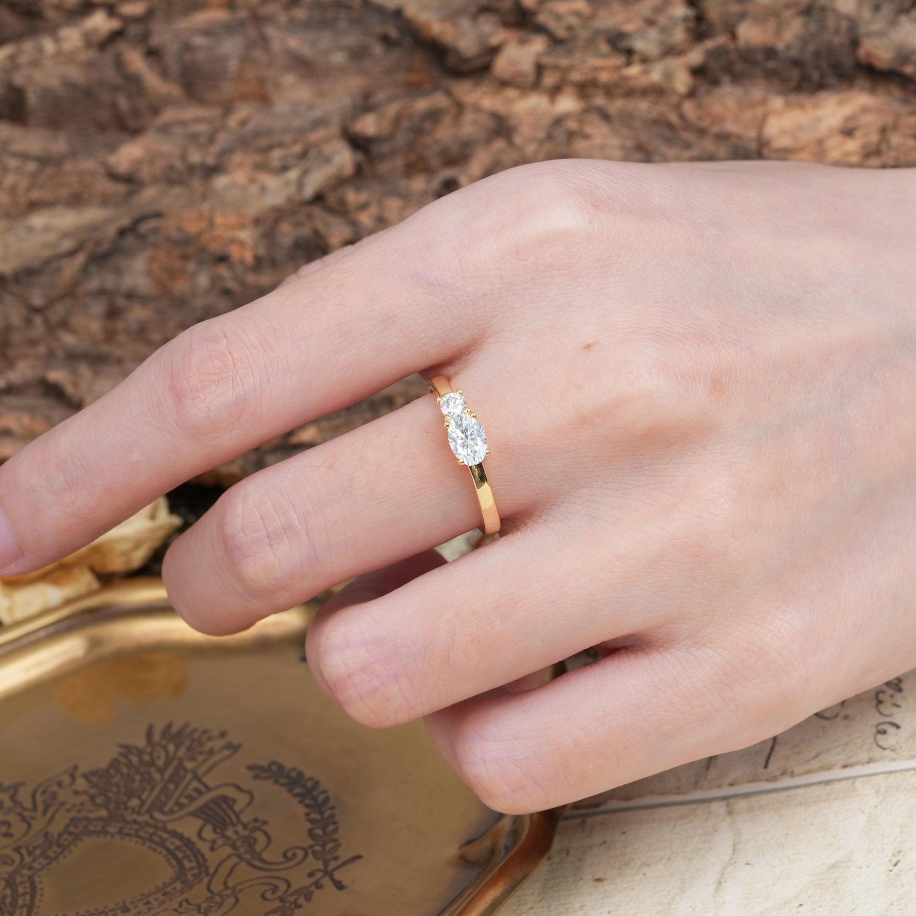 Unique, Minimalist 4-Prong Oval Cut Lab Diamond Two-Stone Wedding Ring - Additional view