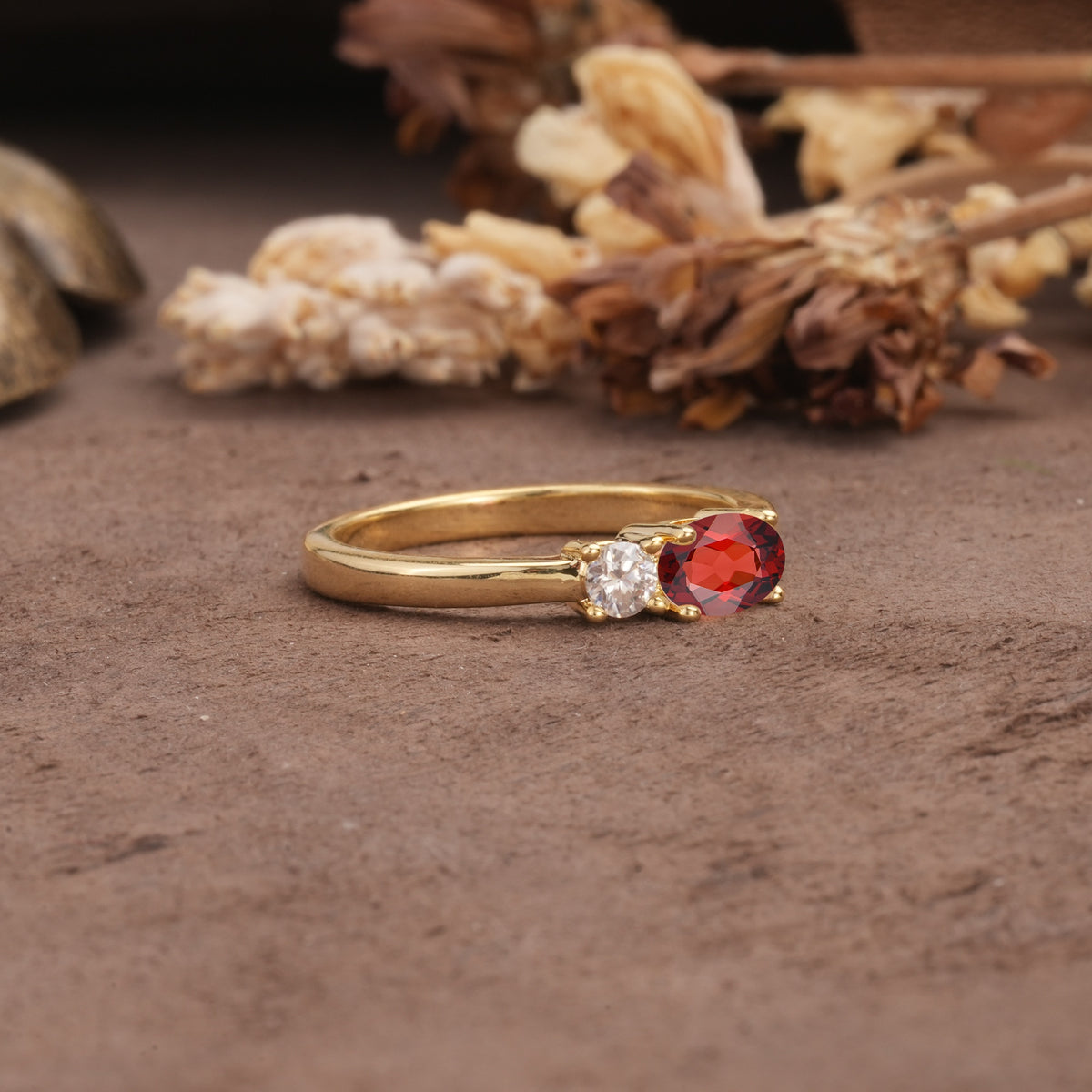 Unique, Minimalist 4-Prong Oval Cut Garnet Two-Stone Wedding Ring - Additional view