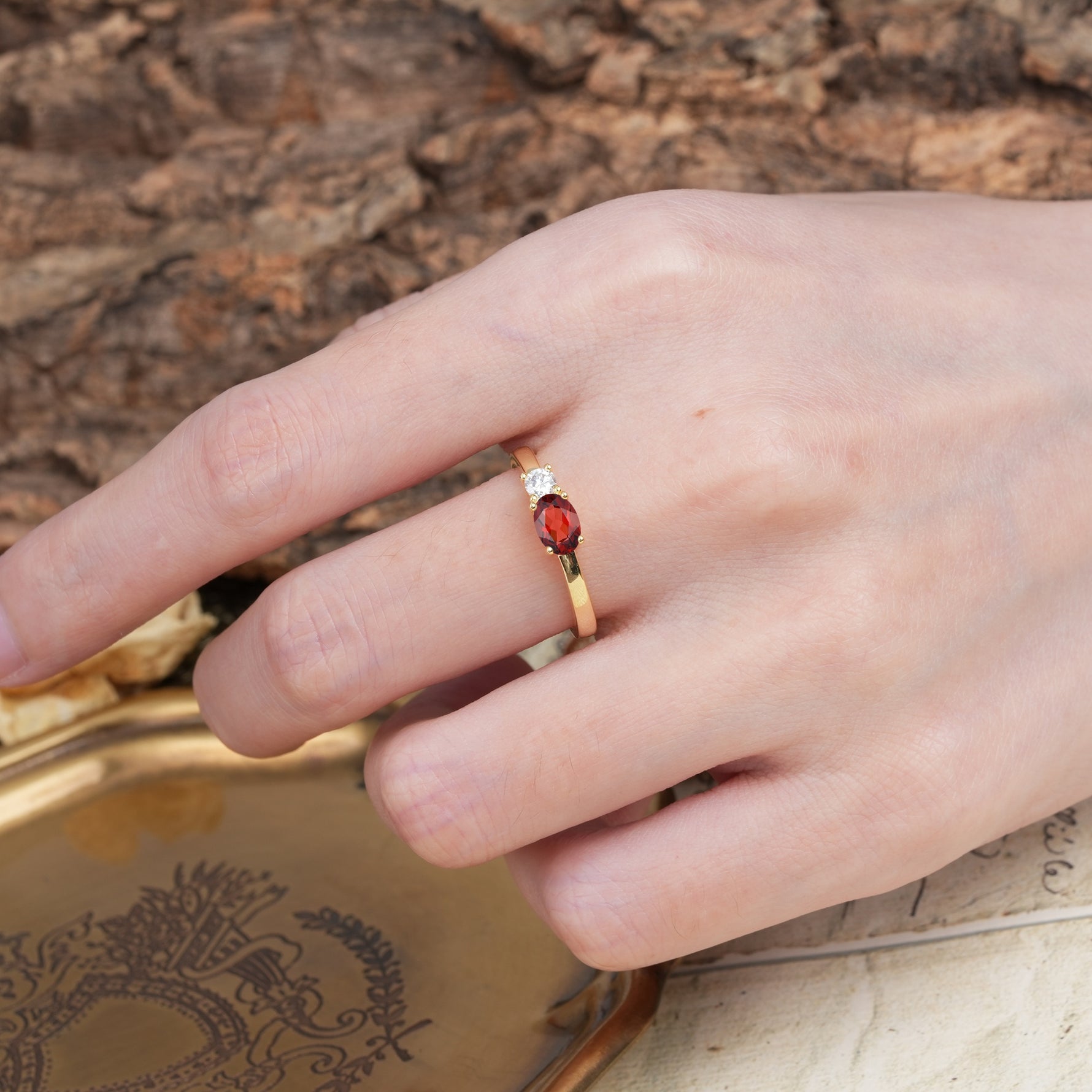 Unique, Minimalist 4-Prong Oval Cut Garnet Two-Stone Wedding Ring - Additional view