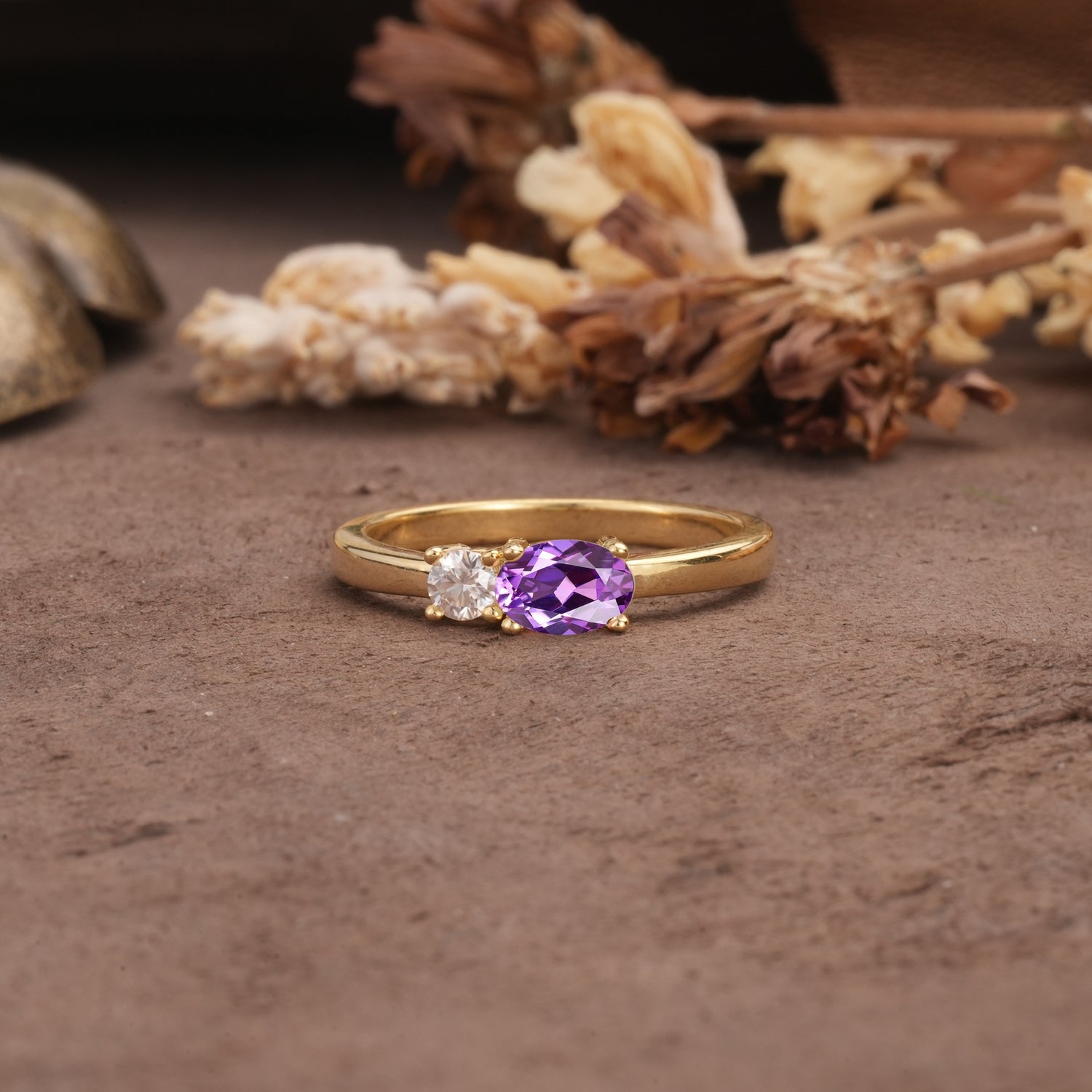 Unique, Minimalist 4-Prong Oval Cut Amethyst Two-Stone Wedding Ring - Additional view