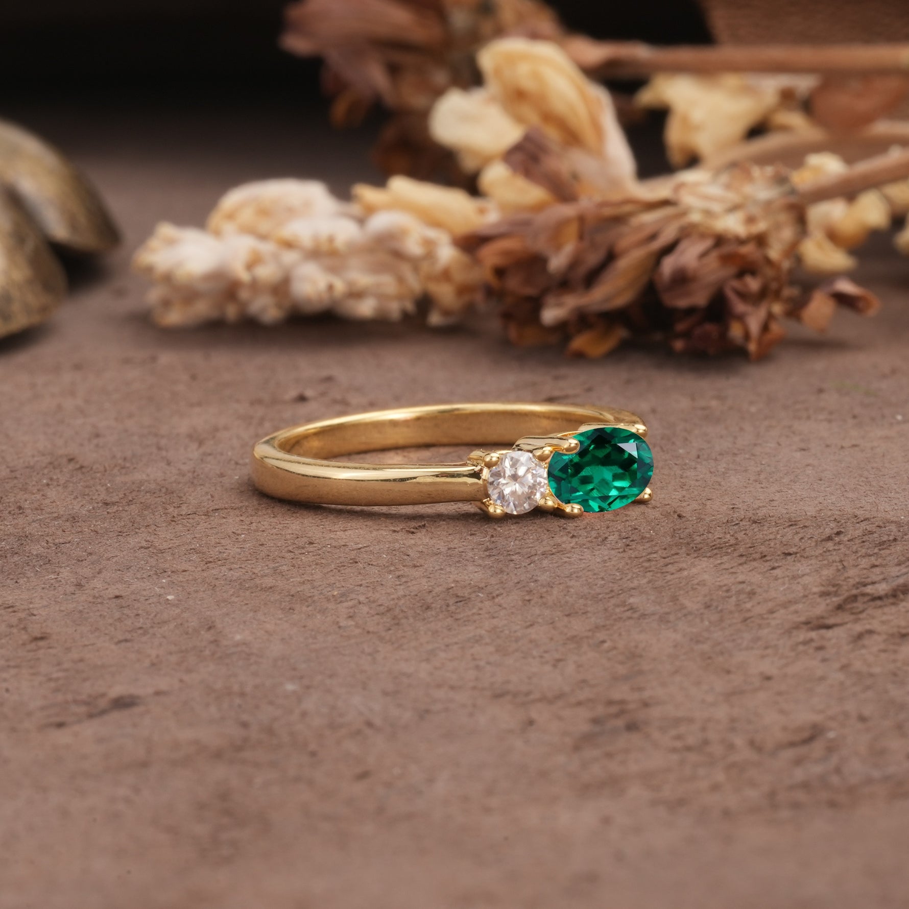 Unique, Minimalist 4-Prong Oval Cut Emerald Two-Stone Wedding Ring - Additional view