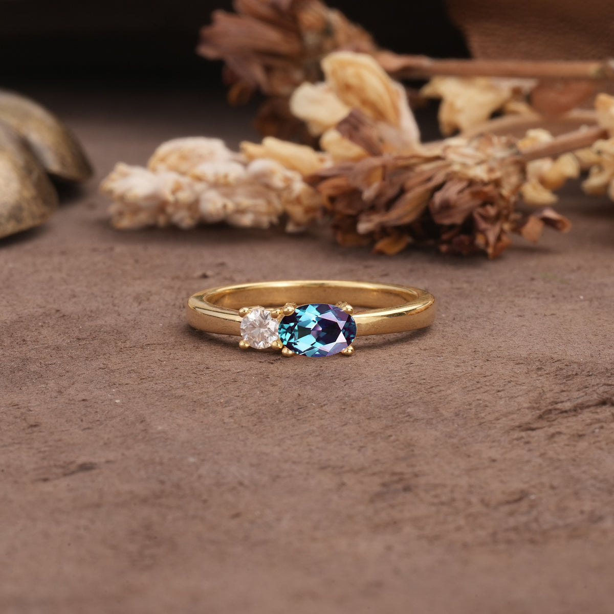 Unique, Minimalist 4-Prong Oval Cut Alexandrite Two-Stone Wedding Ring - Additional view