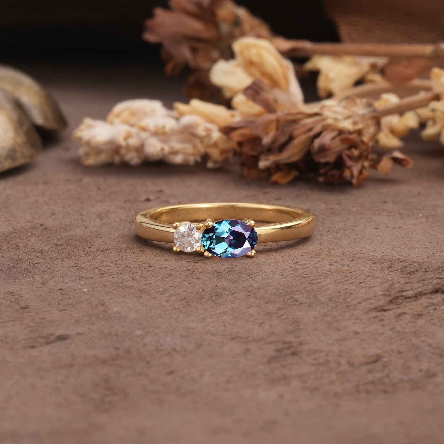 Unique, Minimalist 4-Prong Oval Cut Alexandrite Two-Stone Wedding Ring - Additional view