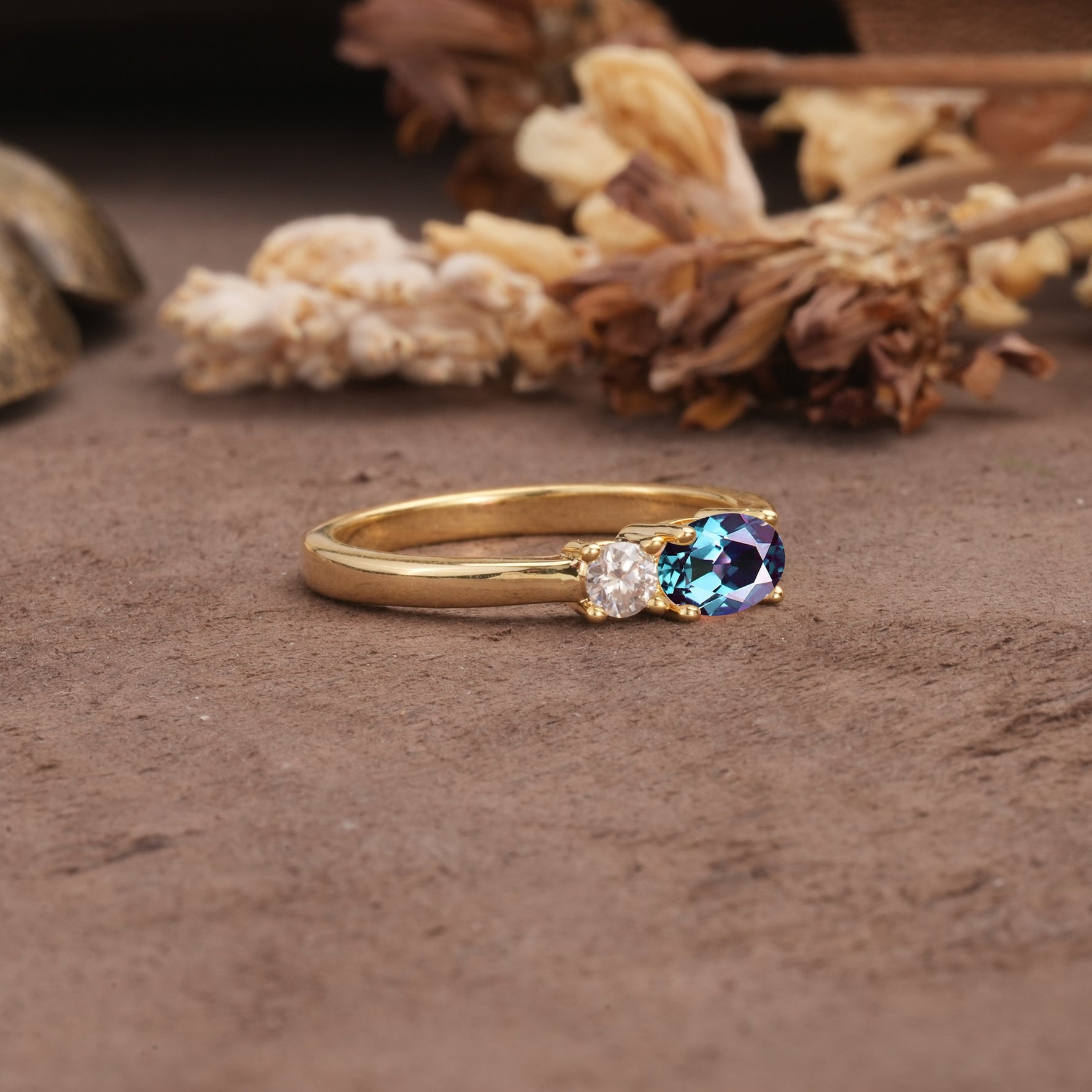 Unique, Minimalist 4-Prong Oval Cut Alexandrite Two-Stone Wedding Ring - Additional view