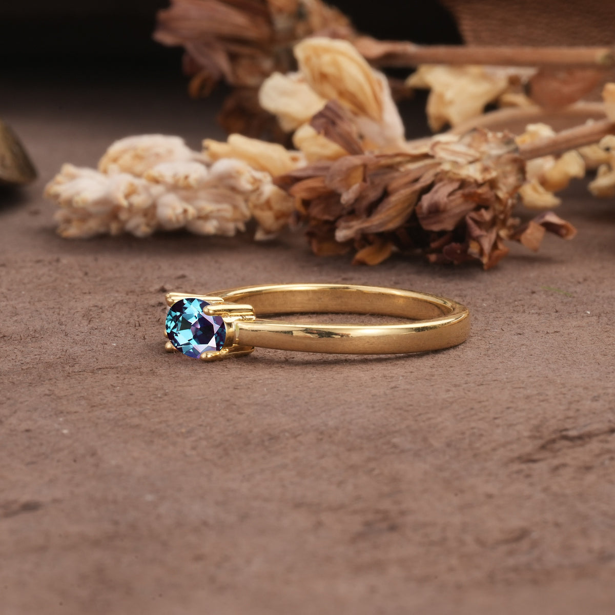 Unique, Minimalist 4-Prong Oval Cut Alexandrite Two-Stone Wedding Ring - Additional view