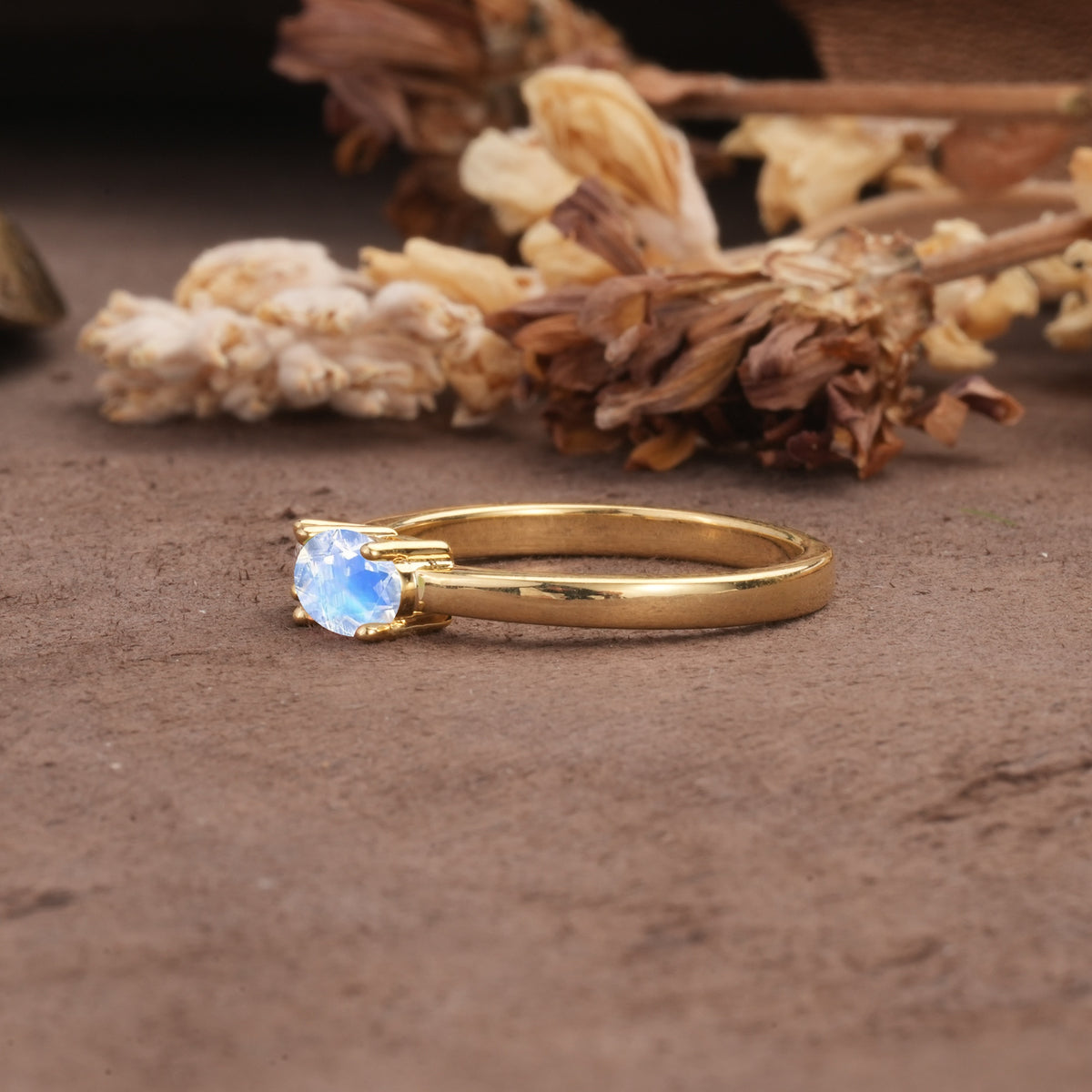 Unique, Minimalist 4-Prong Oval Cut Moonstone Two-Stone Wedding Ring - Additional view