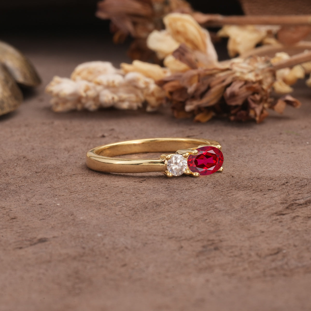 Unique, Minimalist 4-Prong Oval Cut Ruby Two-Stone Wedding Ring - Additional view