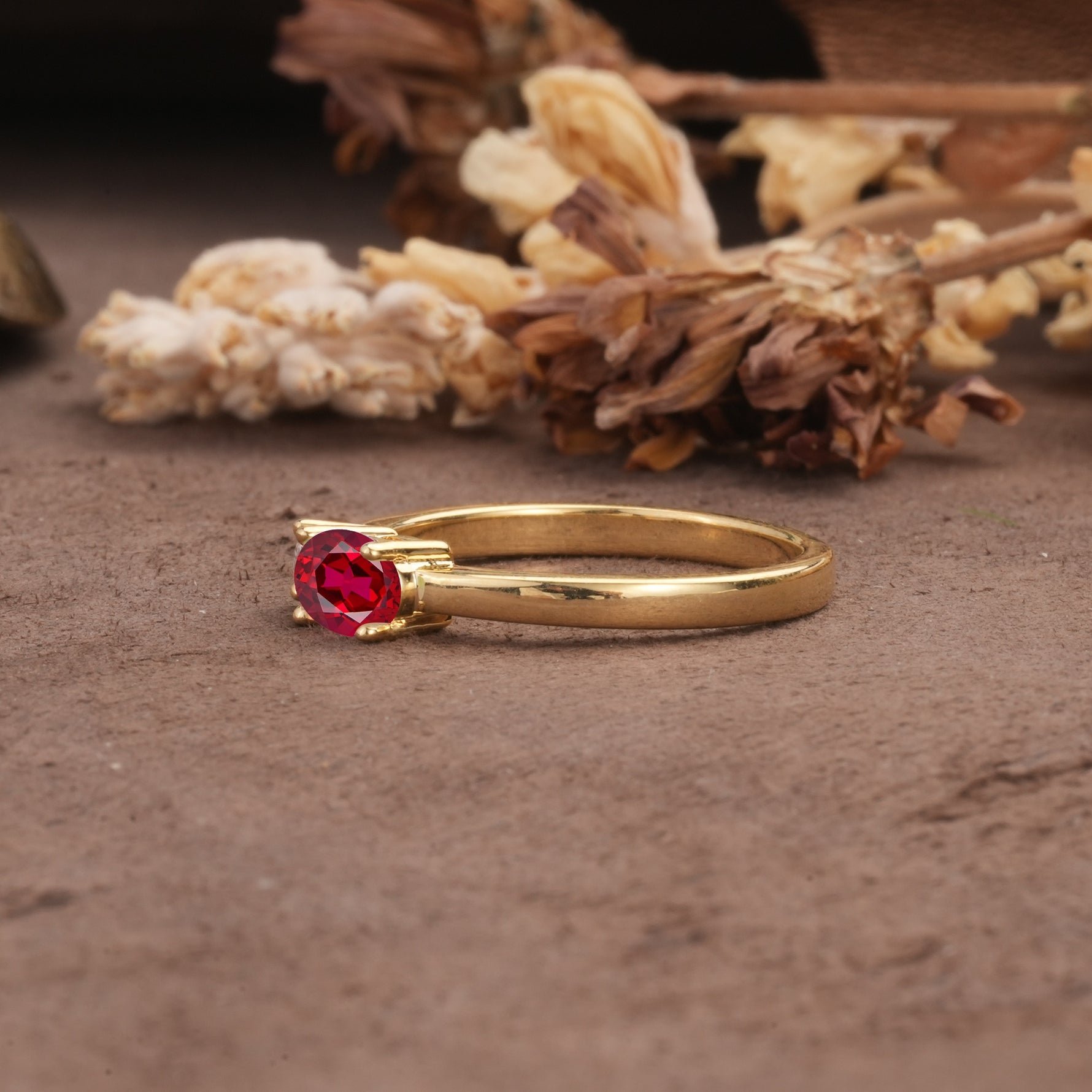 Unique, Minimalist 4-Prong Oval Cut Ruby Two-Stone Wedding Ring - Additional view