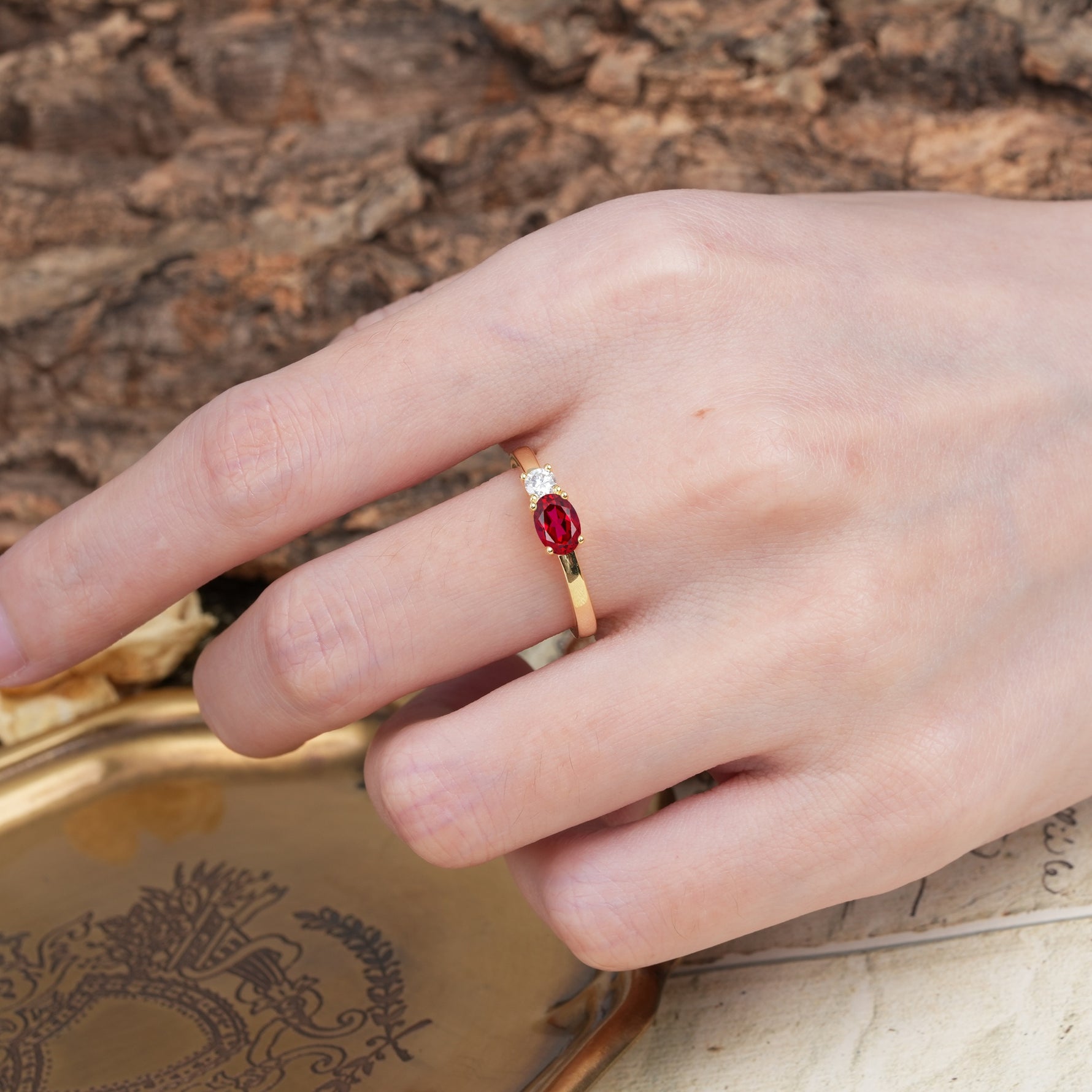 Unique, Minimalist 4-Prong Oval Cut Ruby Two-Stone Wedding Ring - Additional view