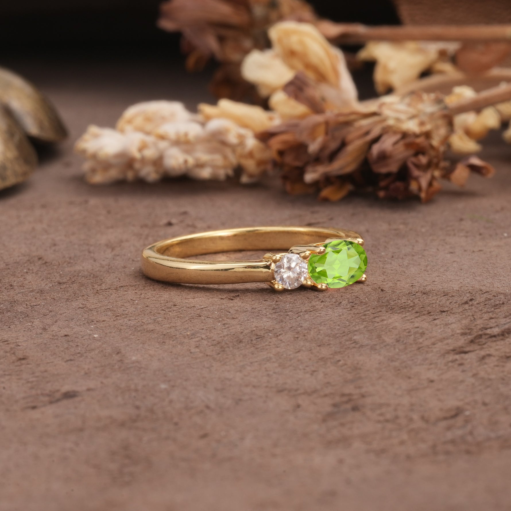 Unique, Minimalist 4-Prong Oval Cut Peridot Two-Stone Wedding Ring - Additional view