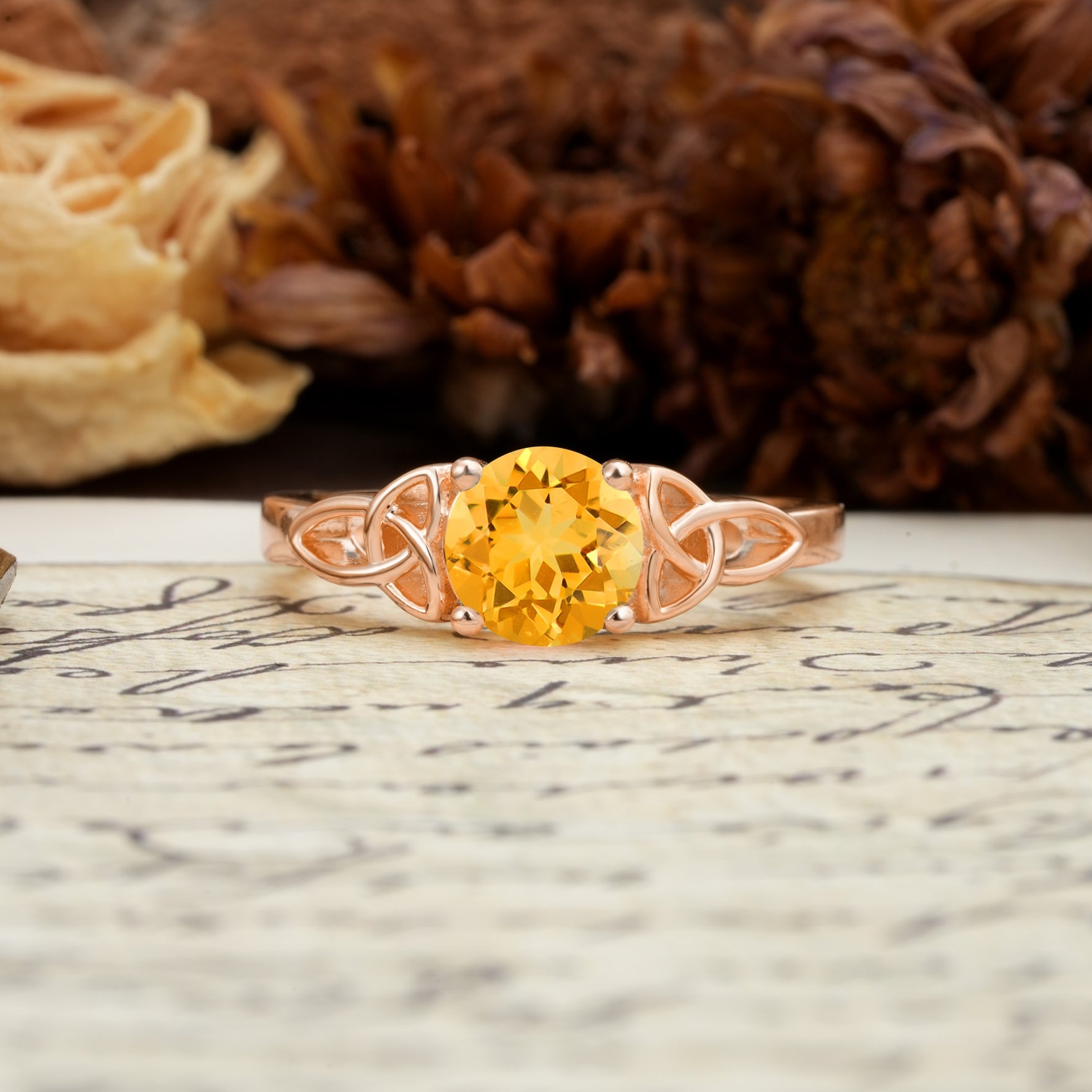 Nature-Inspired, Uniquely Intertwined 4-Prong Round Cut Citrine Engagement Ring - Additional view