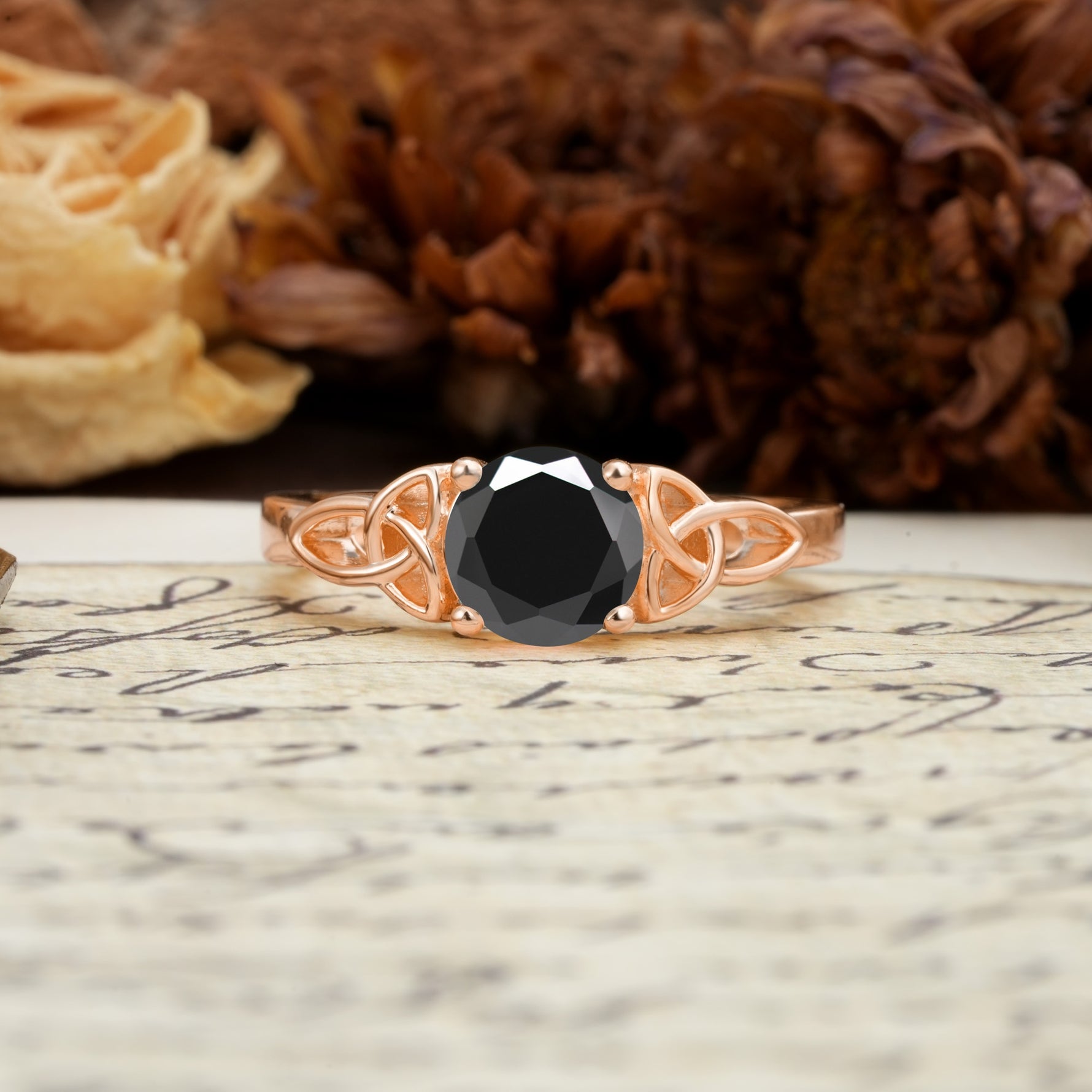 Nature-Inspired, Uniquely Intertwined 4-Prong Round Cut Black Onyx Engagement Ring - Additional view