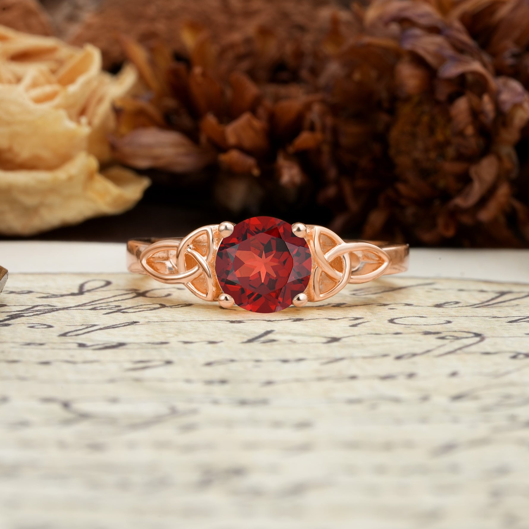 Nature-Inspired, Uniquely Intertwined 4-Prong Round Cut Garnet Engagement Ring - Additional view