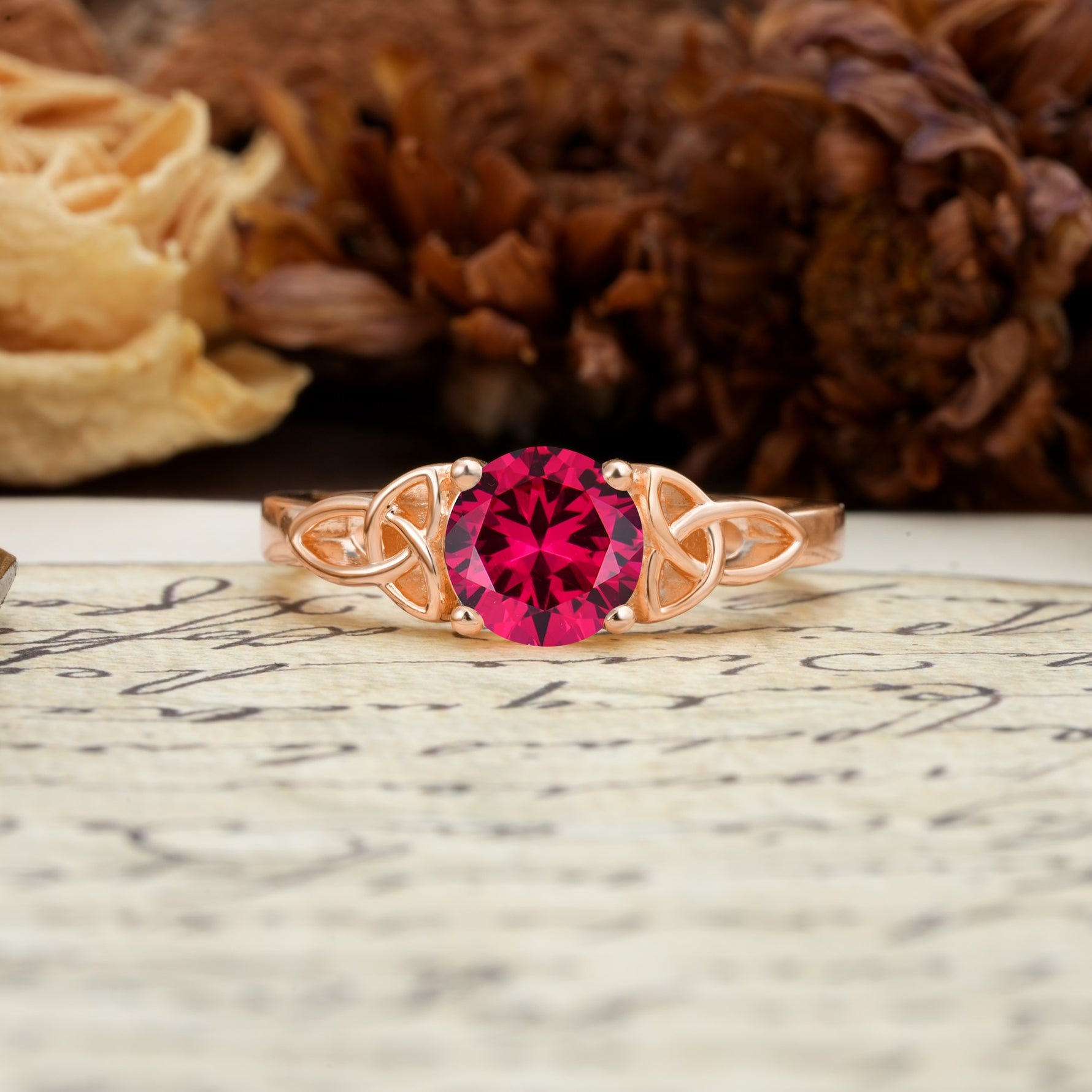 Nature-Inspired, Uniquely Intertwined 4-Prong Round Cut Ruby Engagement Ring - Additional view